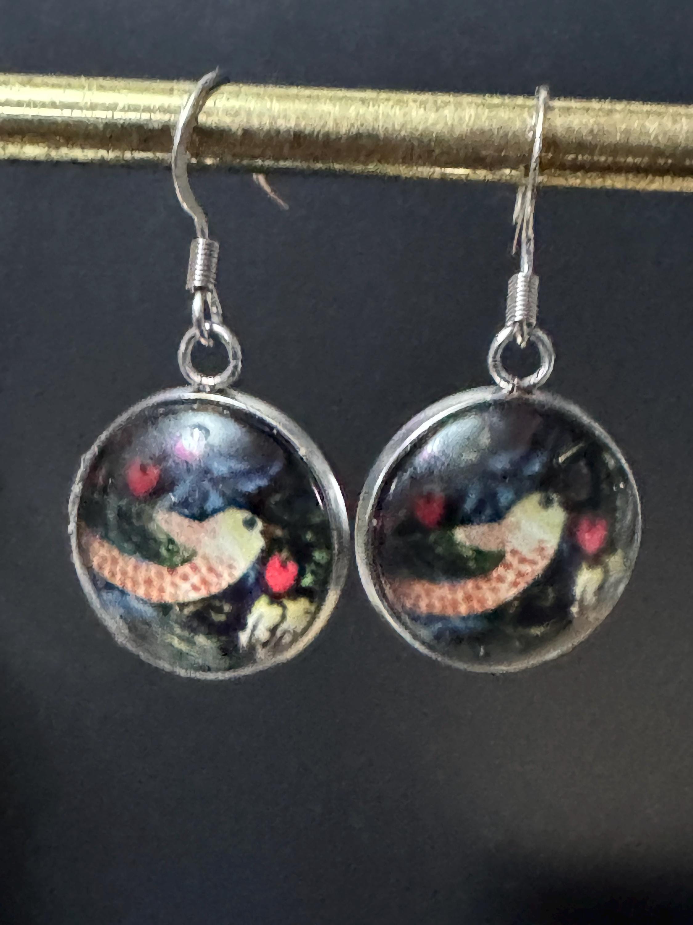 William Morris earrings strawberry thief print 18mm round glass cabochon non tarnish stainless steel