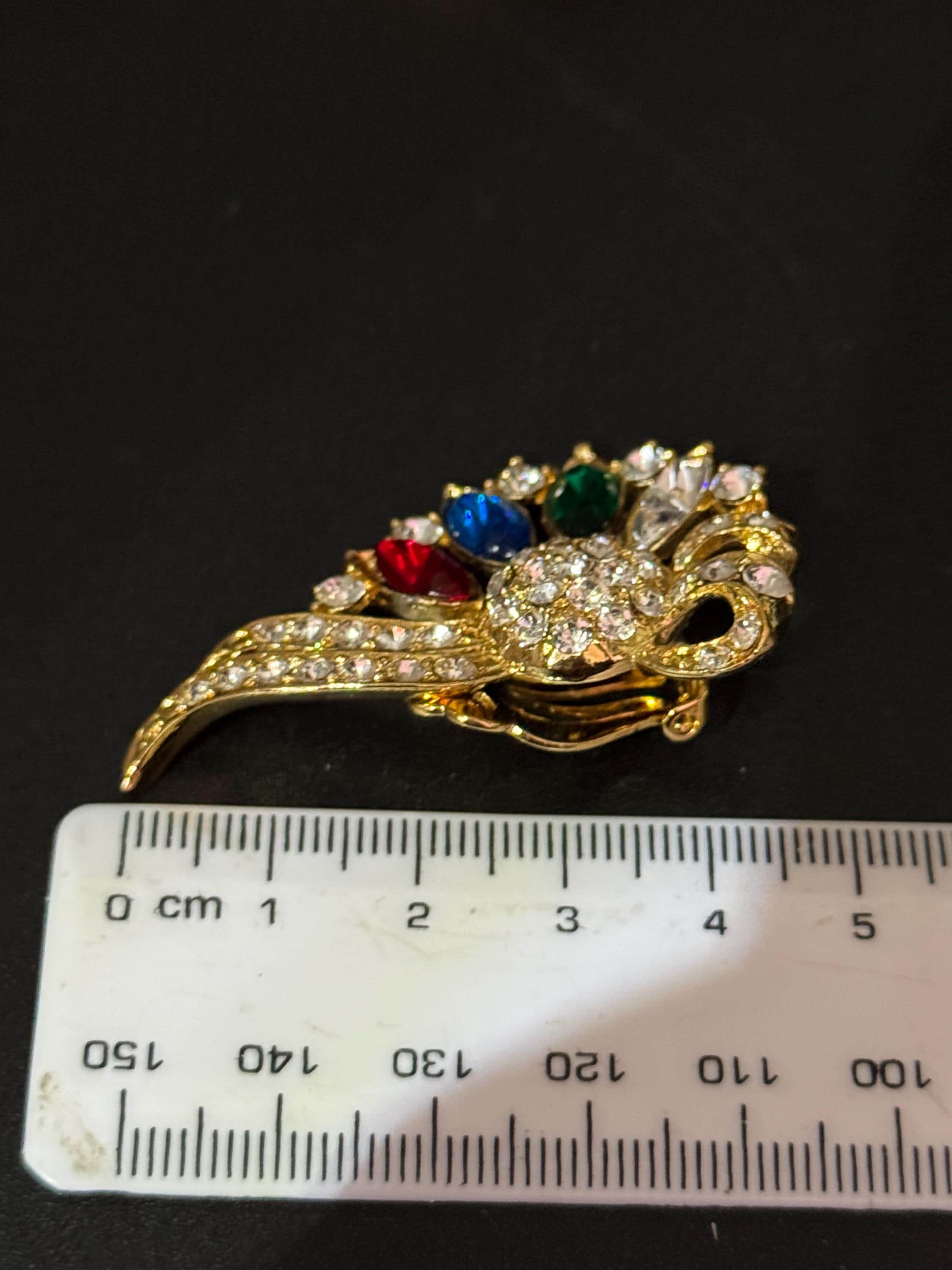 vintage oversized 5cm gold tone blue green red and clear Swarovski crystal fan shaped stud earrings 1980s old shop stock