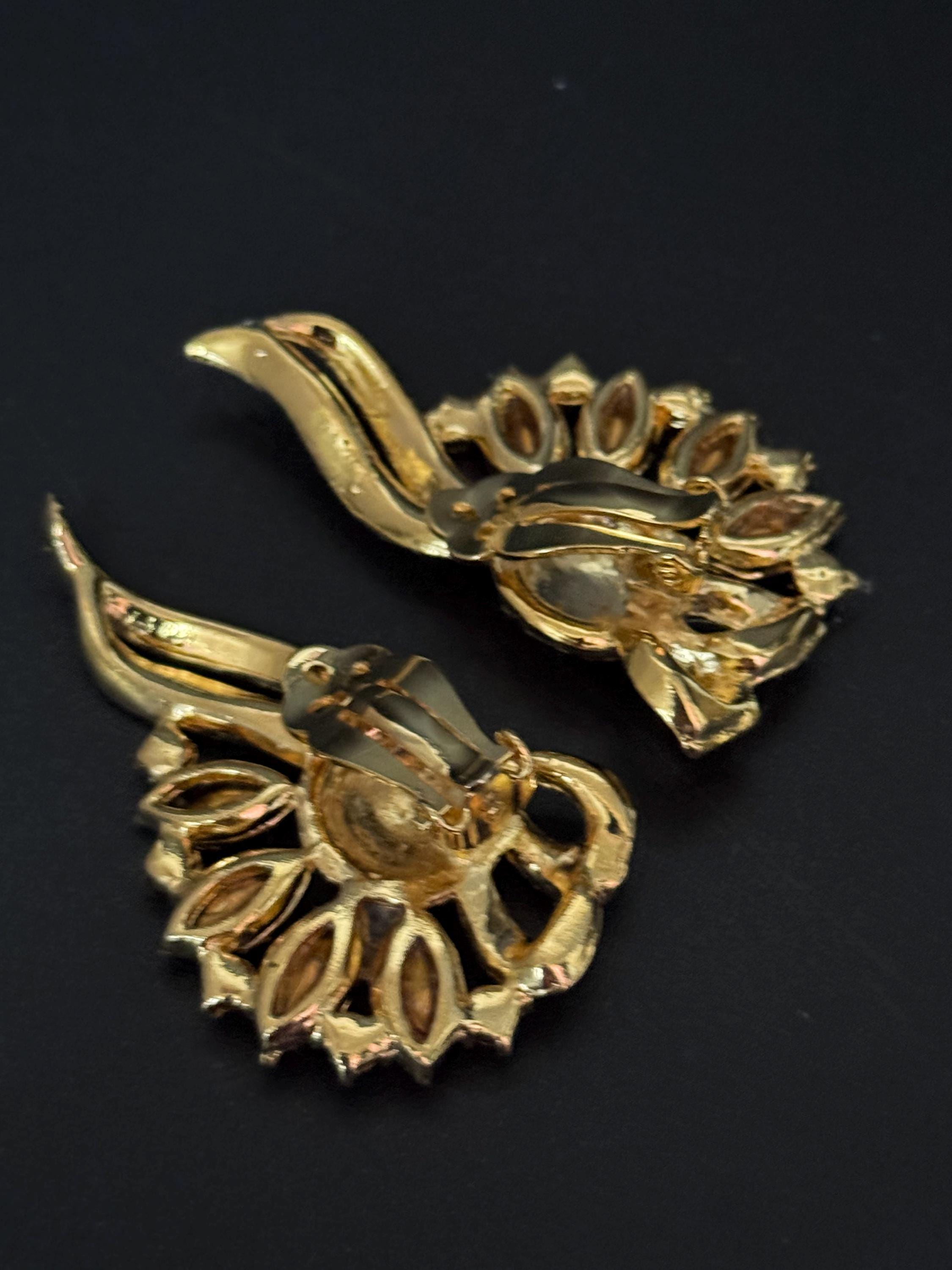 vintage oversized 5cm gold tone blue green red and clear Swarovski crystal fan shaped stud earrings 1980s old shop stock