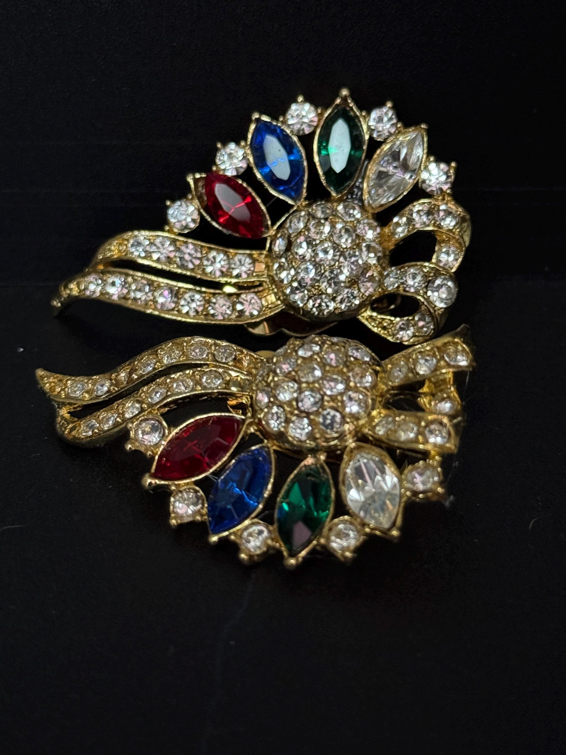 vintage oversized 5cm gold tone blue green red and clear Swarovski crystal fan shaped stud earrings 1980s old shop stock