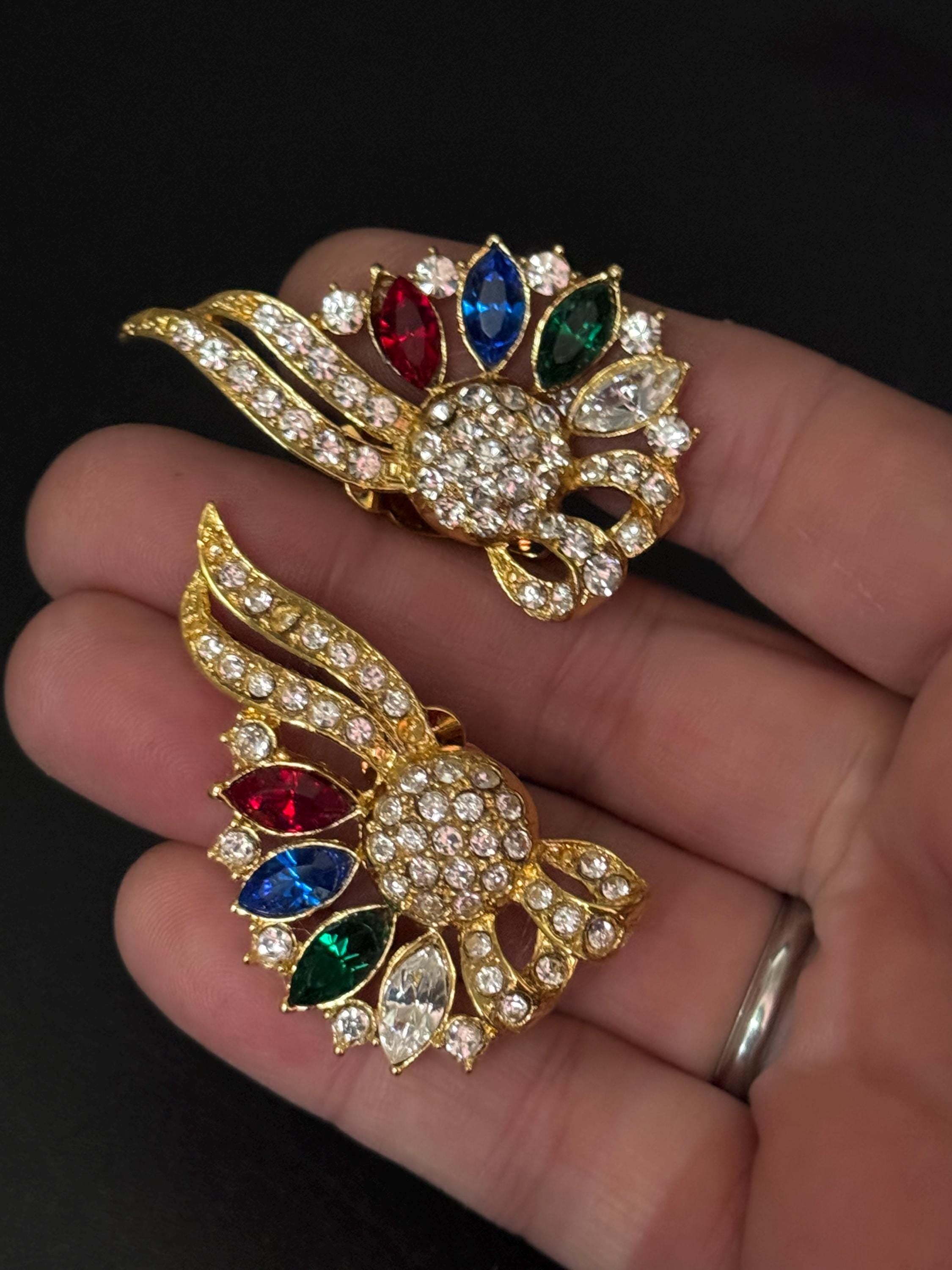 vintage oversized 5cm gold tone blue green red and clear Swarovski crystal fan shaped stud earrings 1980s old shop stock