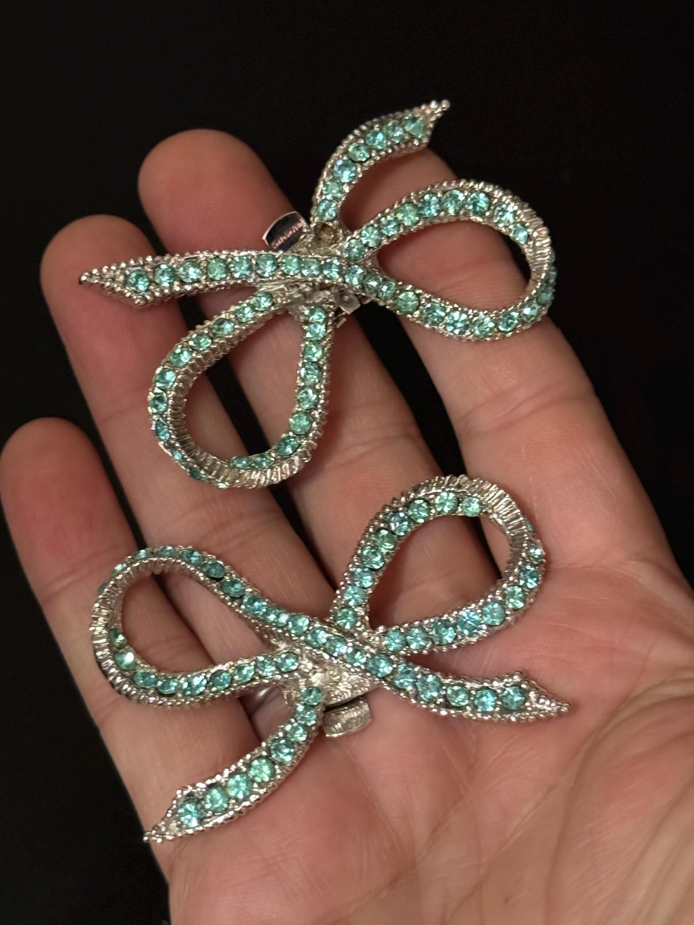 vintage Swarovski rhinestone pair of silver tone bow shoe or dress clip turquoise blue  Glass diamanté paste 6cm wide