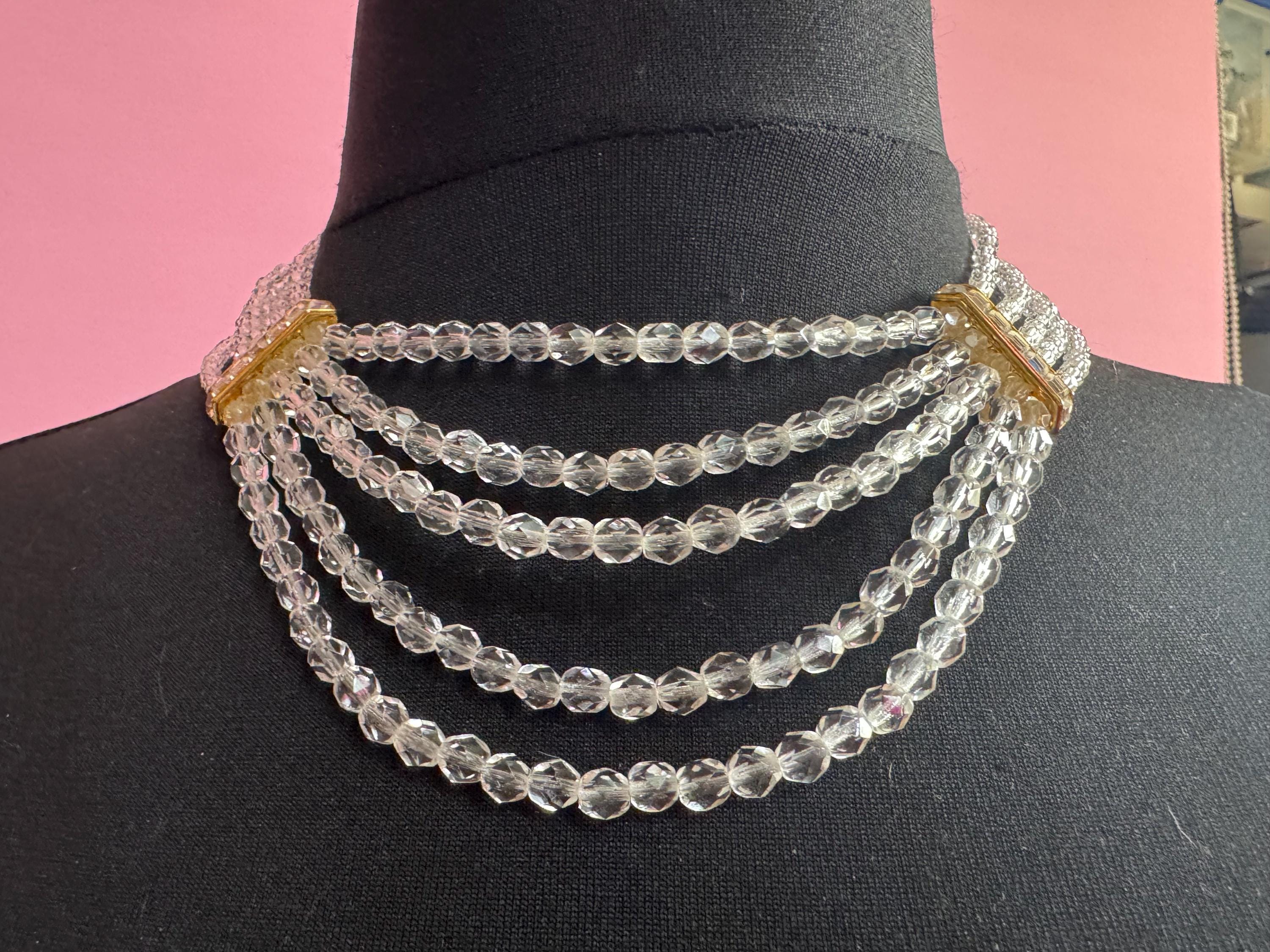 Signed MONET clear glass Crystal 5 row  Multistrand beaded bead necklace choker festoon waterfall