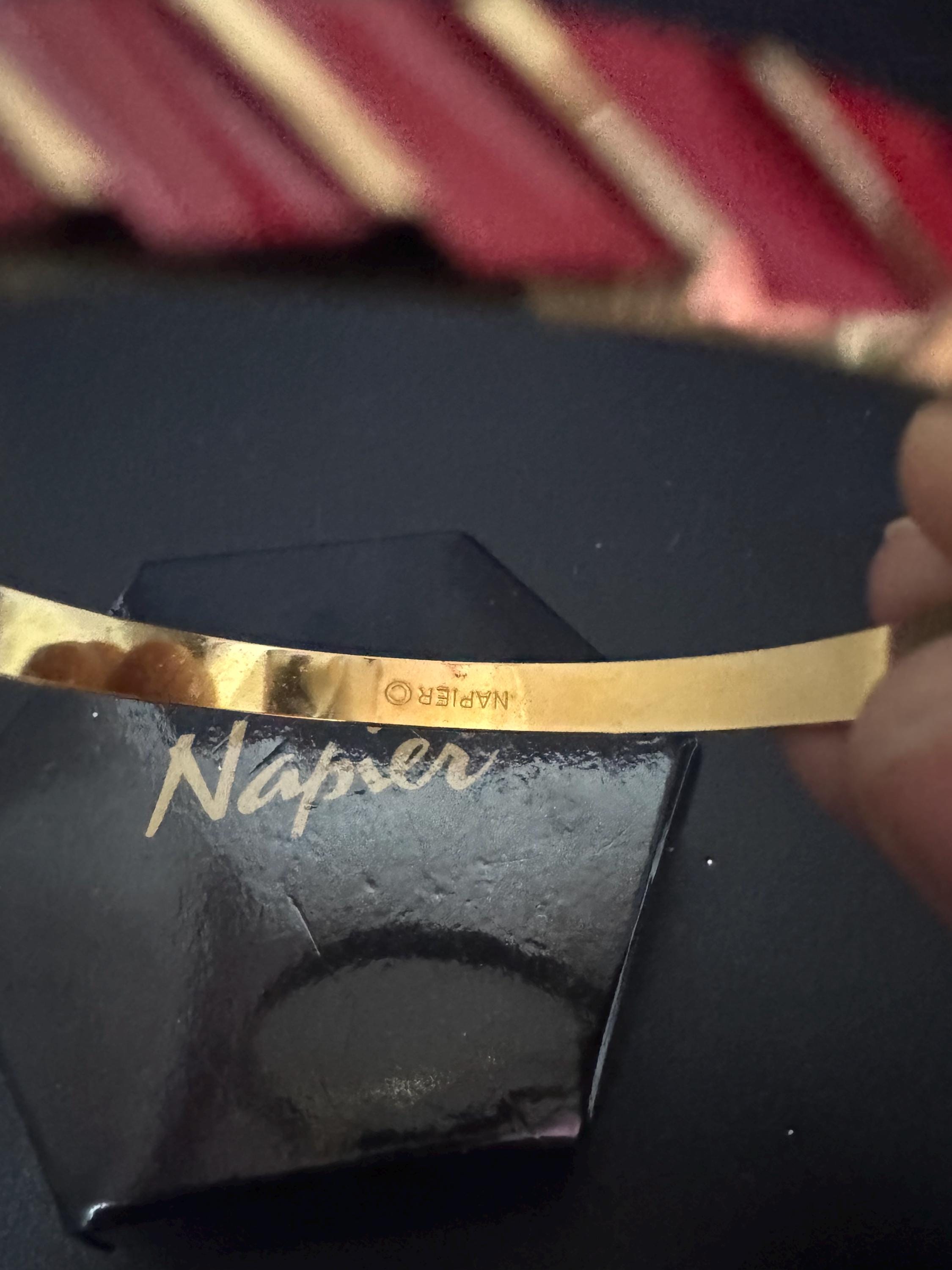 Signed Napier gold plated bright red enamel geometric bangle bracelet vintage 6mm boxed