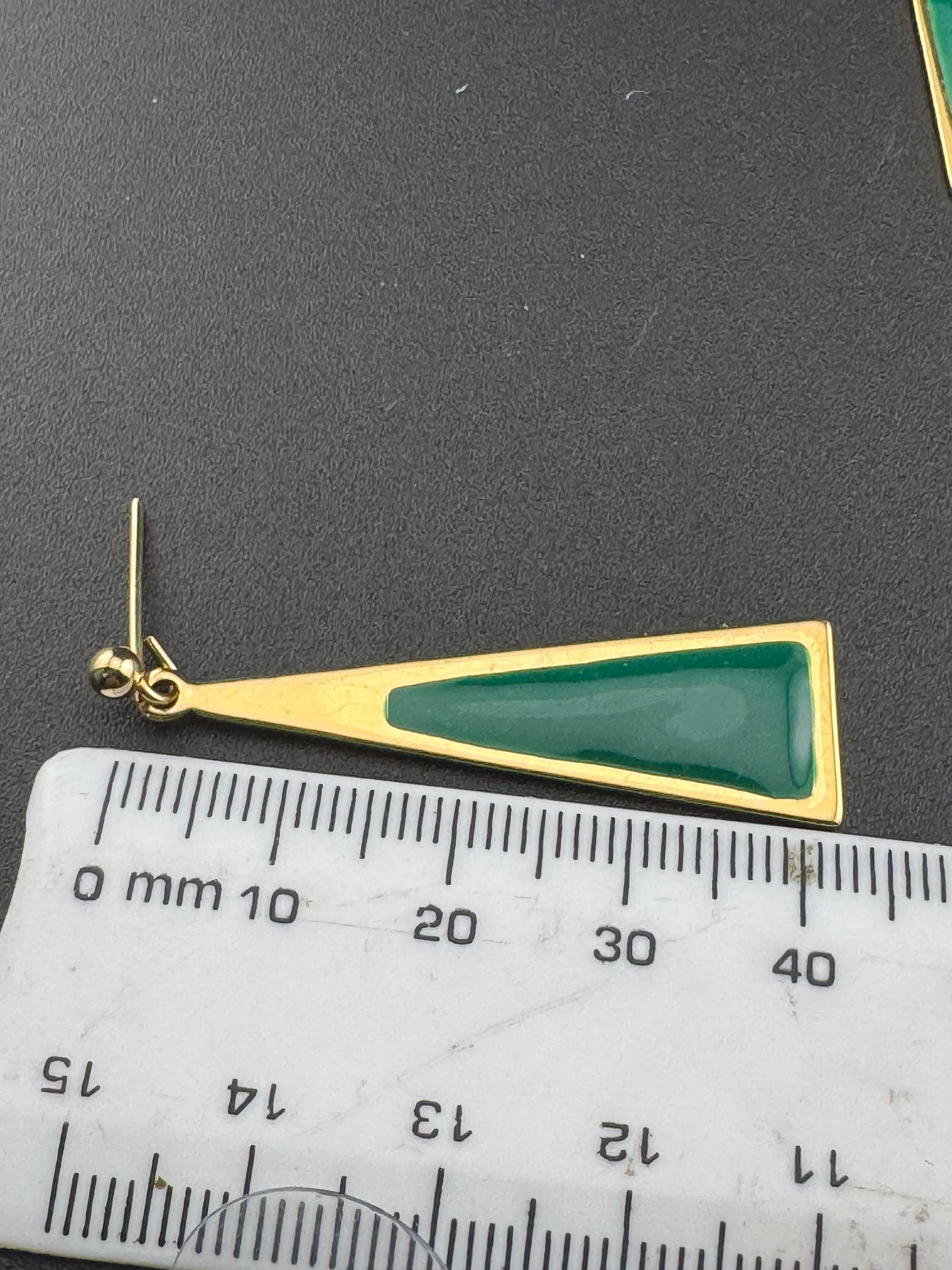 Vintage 80s teal green enamel gold tone dangly drop earrings for pierced ears unworn