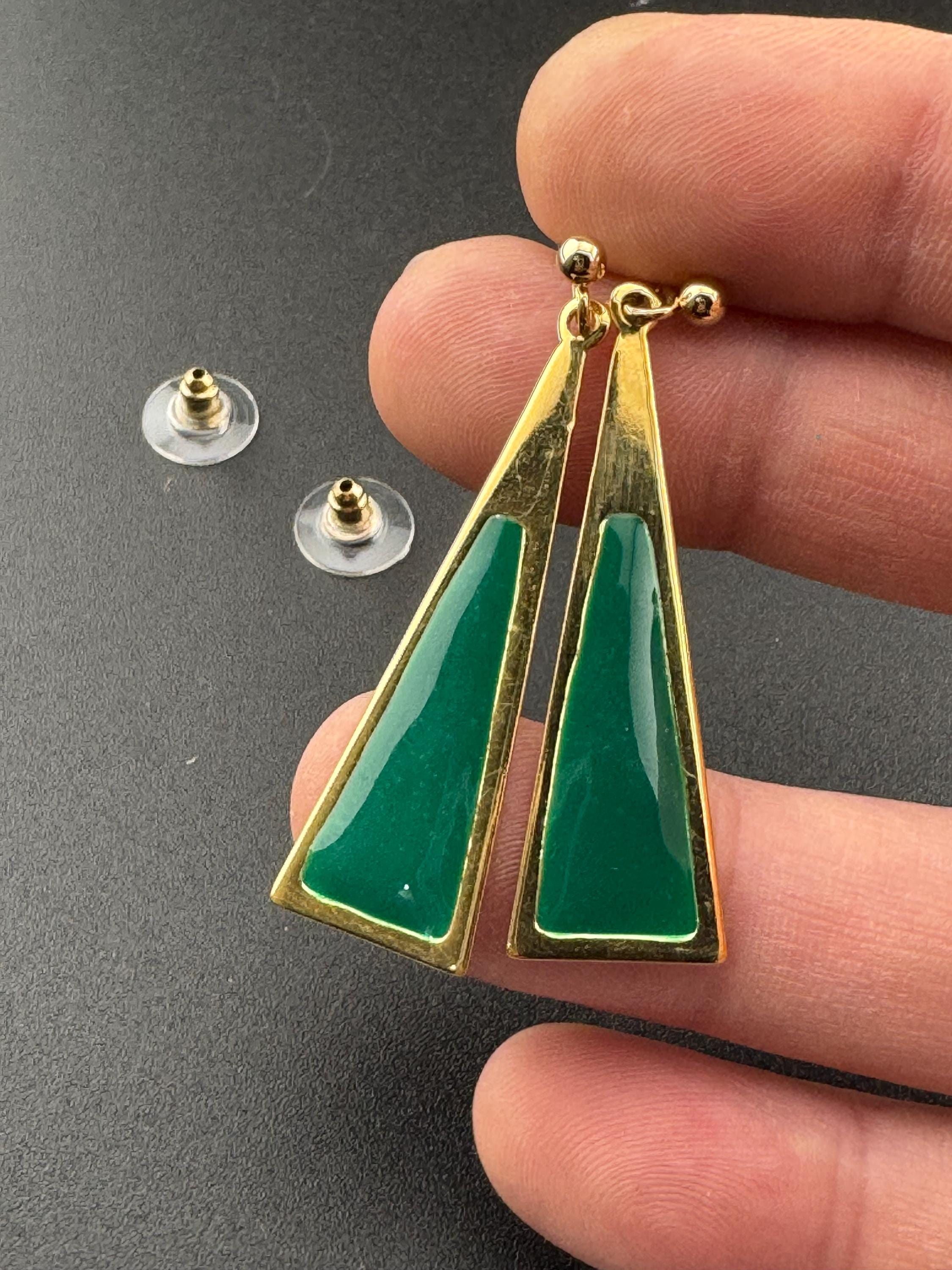 Vintage 80s teal green enamel gold tone dangly drop earrings for pierced ears unworn
