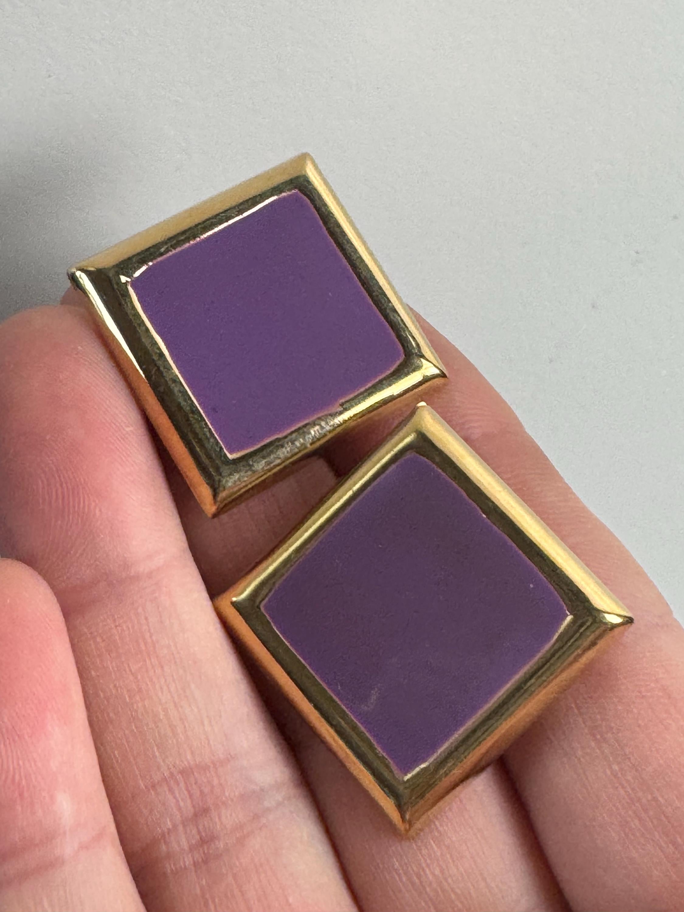Vintage 80s Purple Enamel Gold Tone Square Stud Earrings