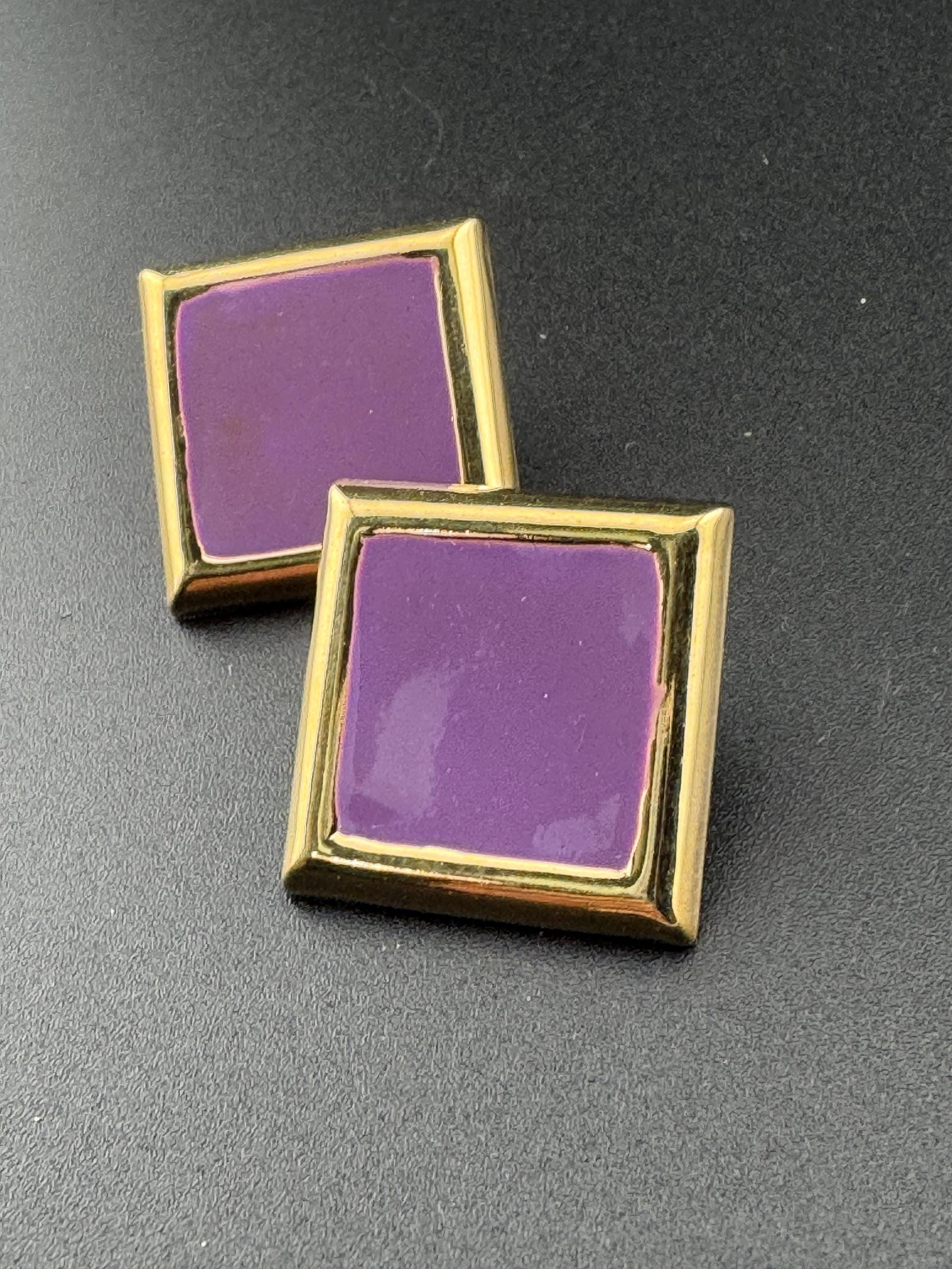 Vintage 80s Purple Enamel Gold Tone Square Stud Earrings