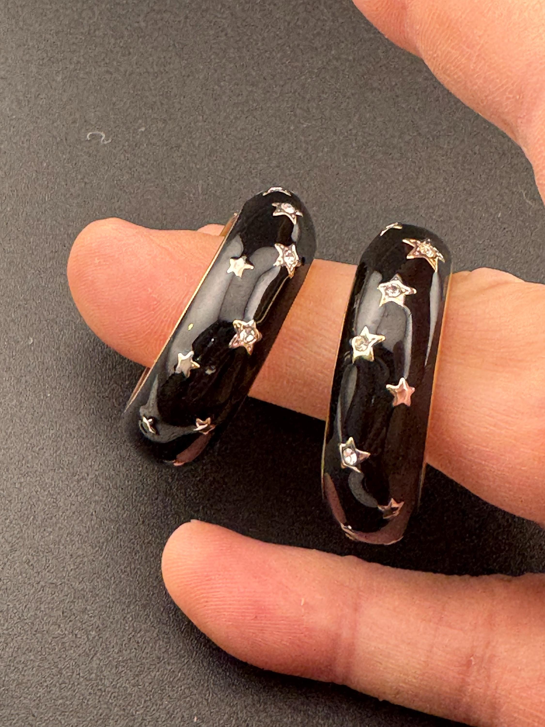 Y2K Black enamel stars with clear diamanté Earrings hoop studs earrings for pierced ears