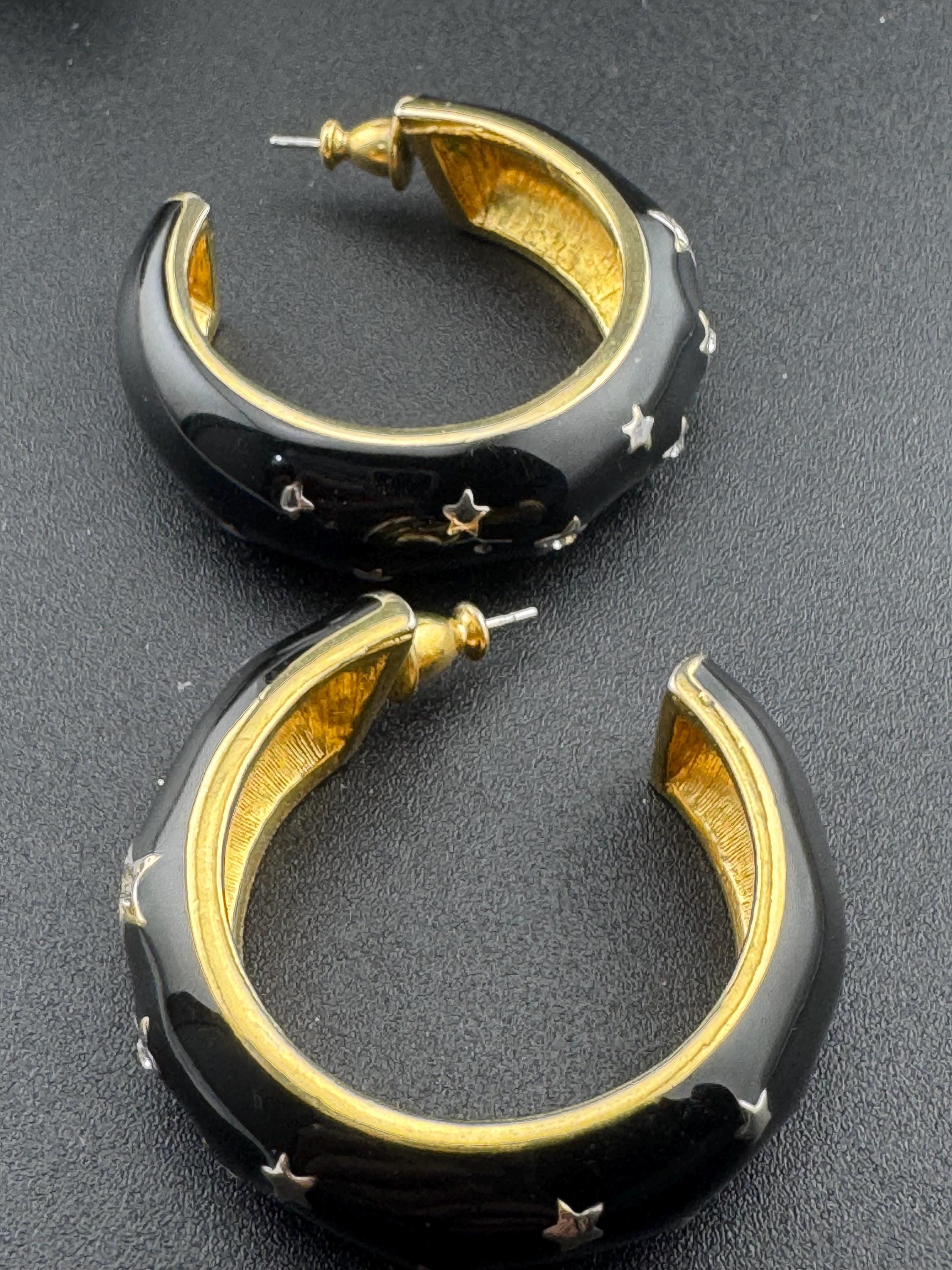 Y2K Black enamel stars with clear diamanté Earrings hoop studs earrings for pierced ears