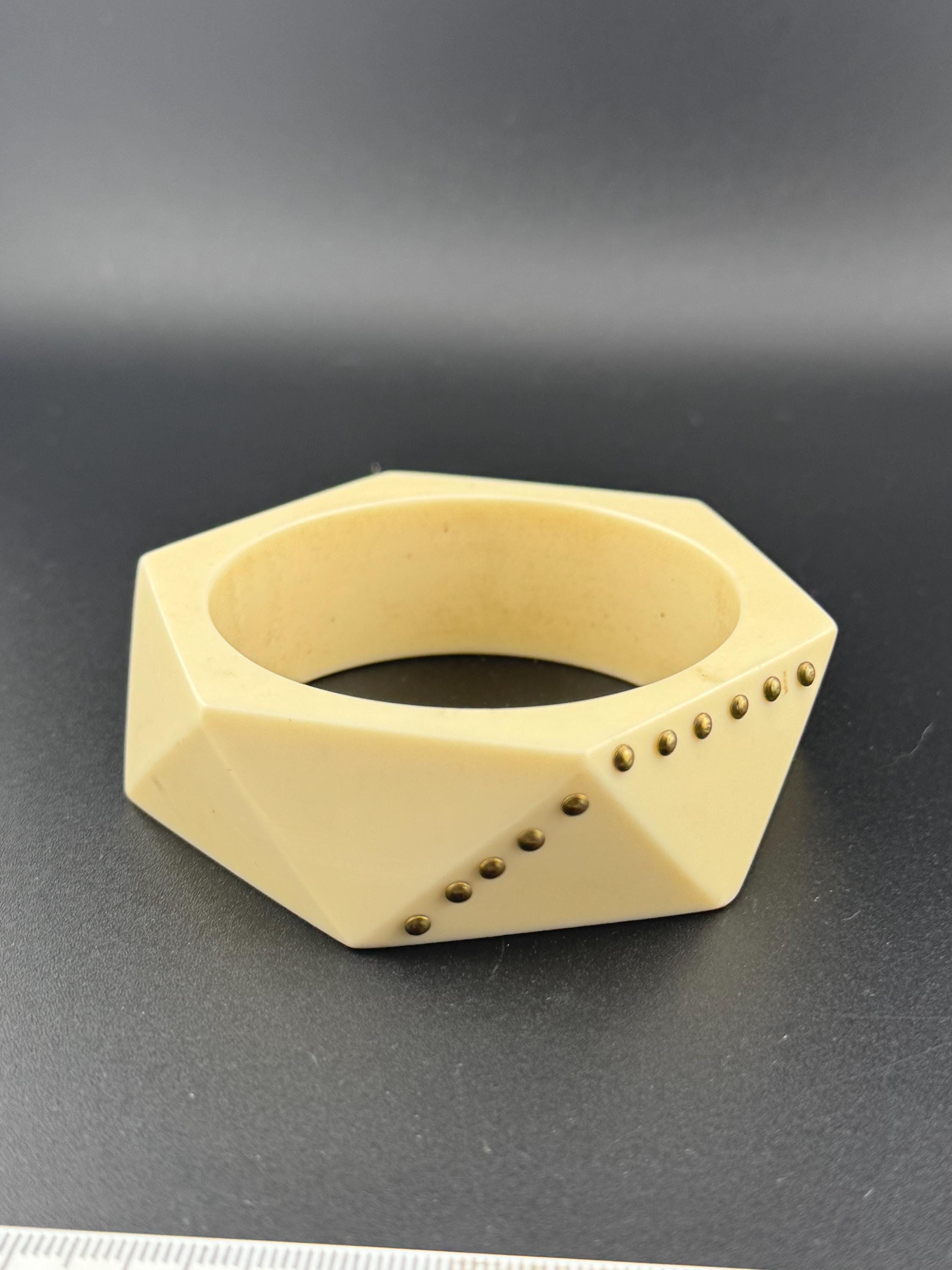 As found Art Deco style pique work early cream plastic geometric abstract pinned wide bangle