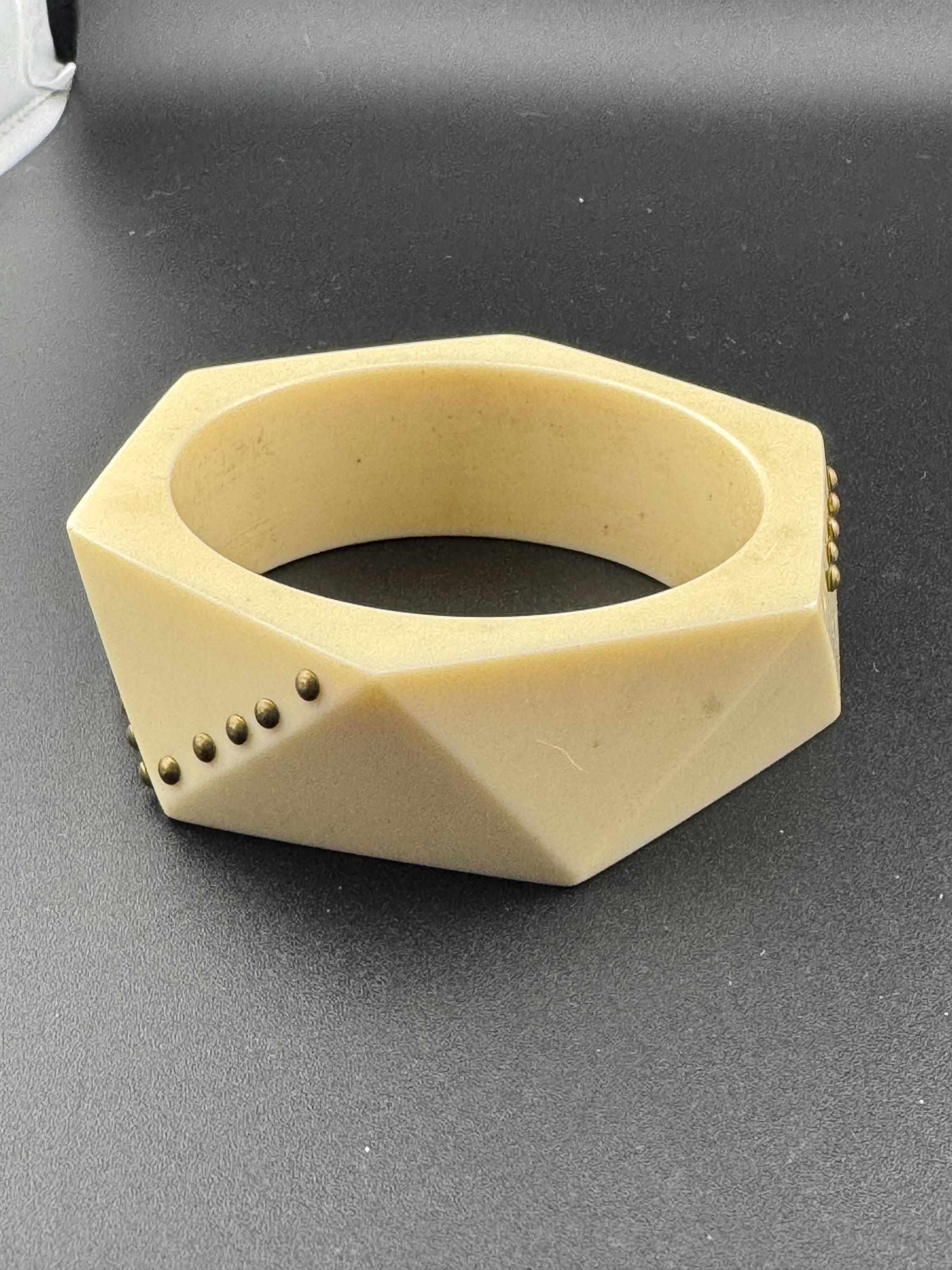 As found Art Deco style pique work early cream plastic geometric abstract pinned wide bangle