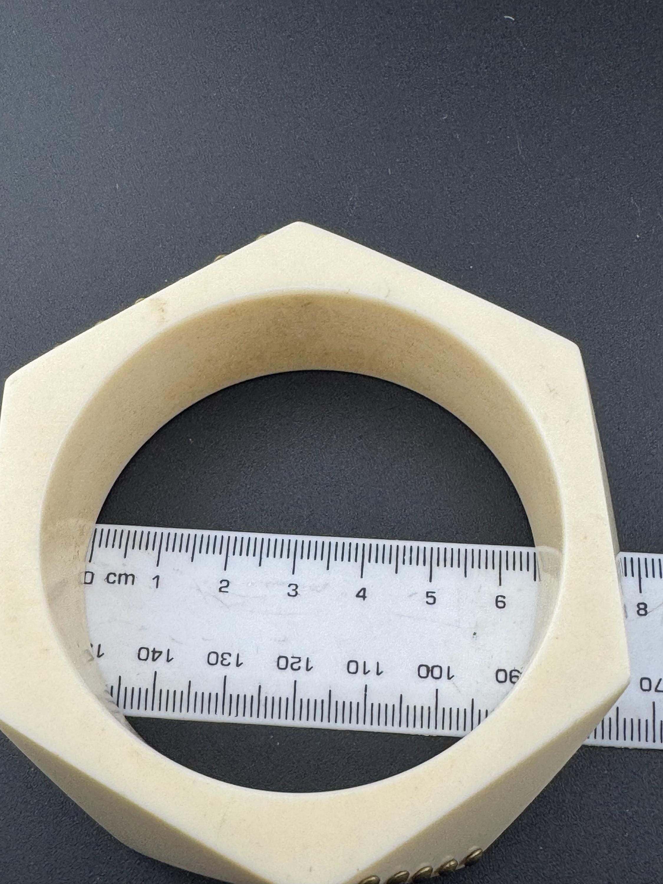 As found Art Deco style pique work early cream plastic geometric abstract pinned wide bangle
