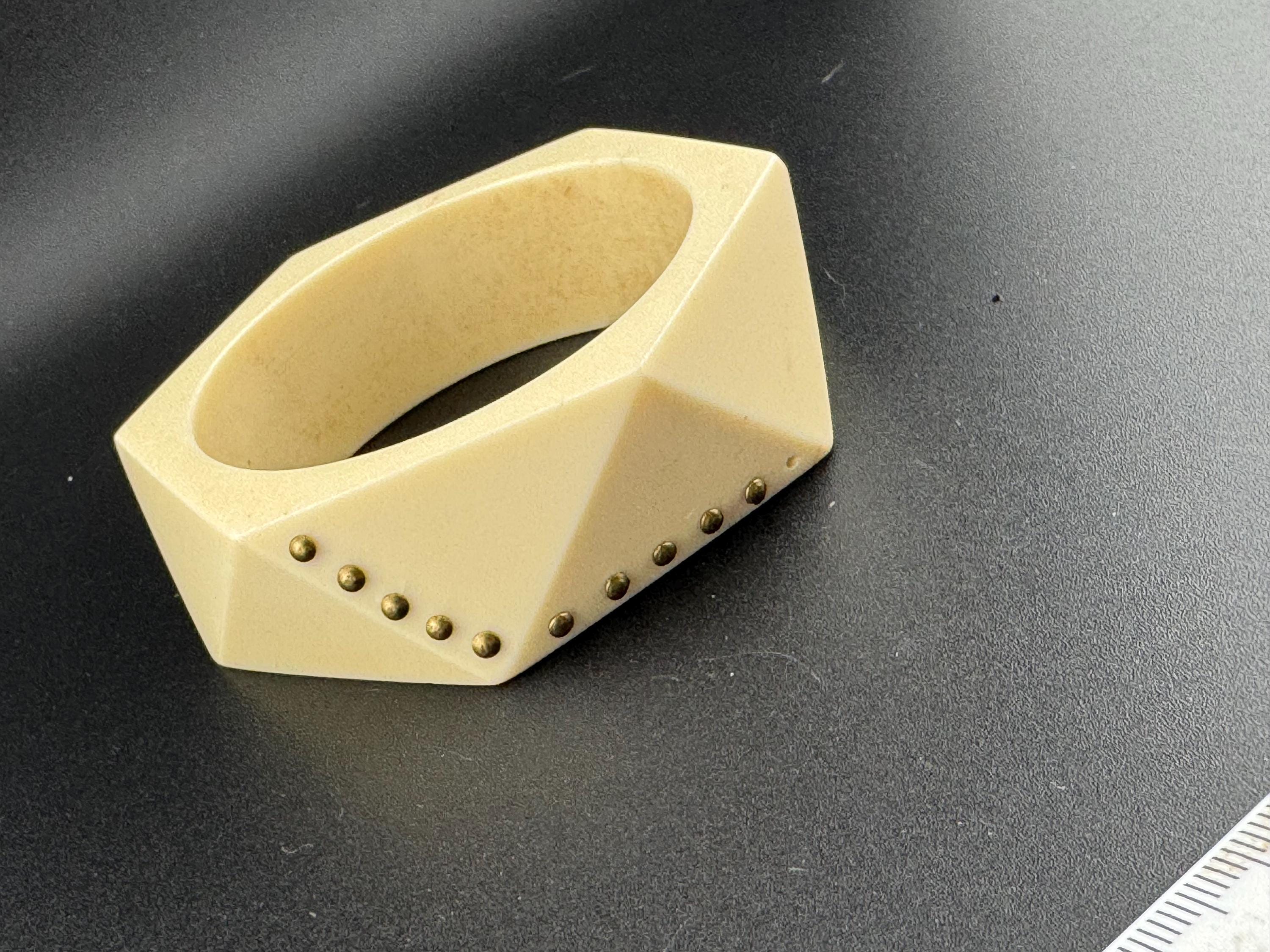 As found Art Deco style pique work early cream plastic geometric abstract pinned wide bangle