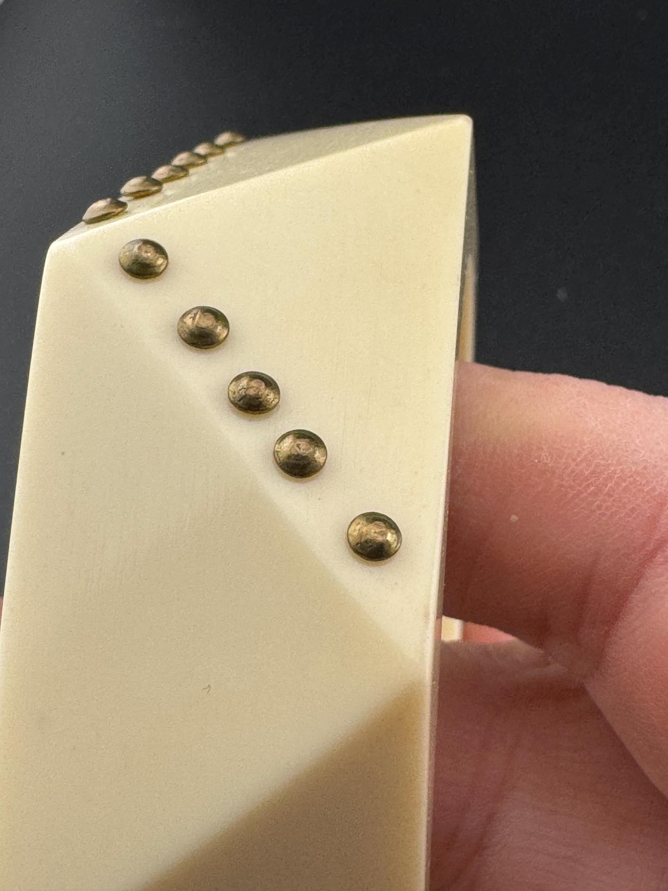 As found Art Deco style pique work early cream plastic geometric abstract pinned wide bangle