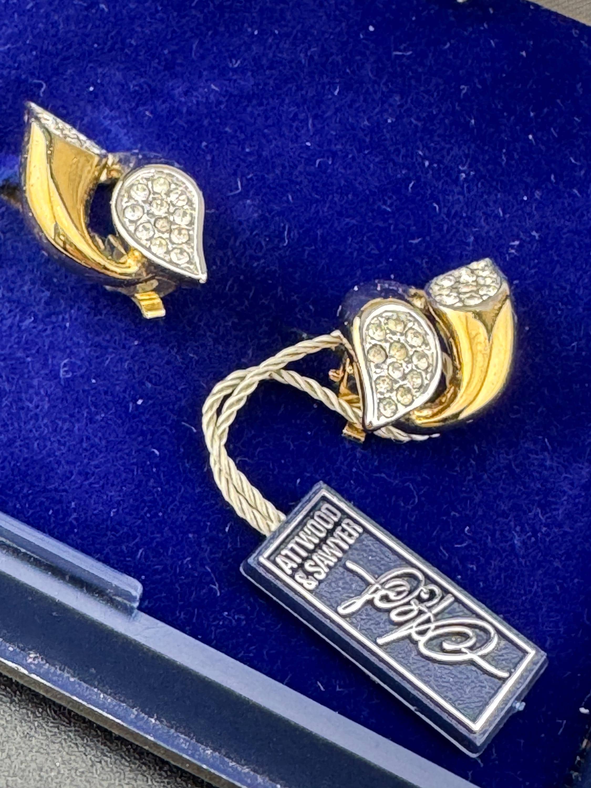 22ct GP Vintage Signed A&S Attwood and Sawyer Vintage gold tone diamanté clip on  earrings rhodium coated