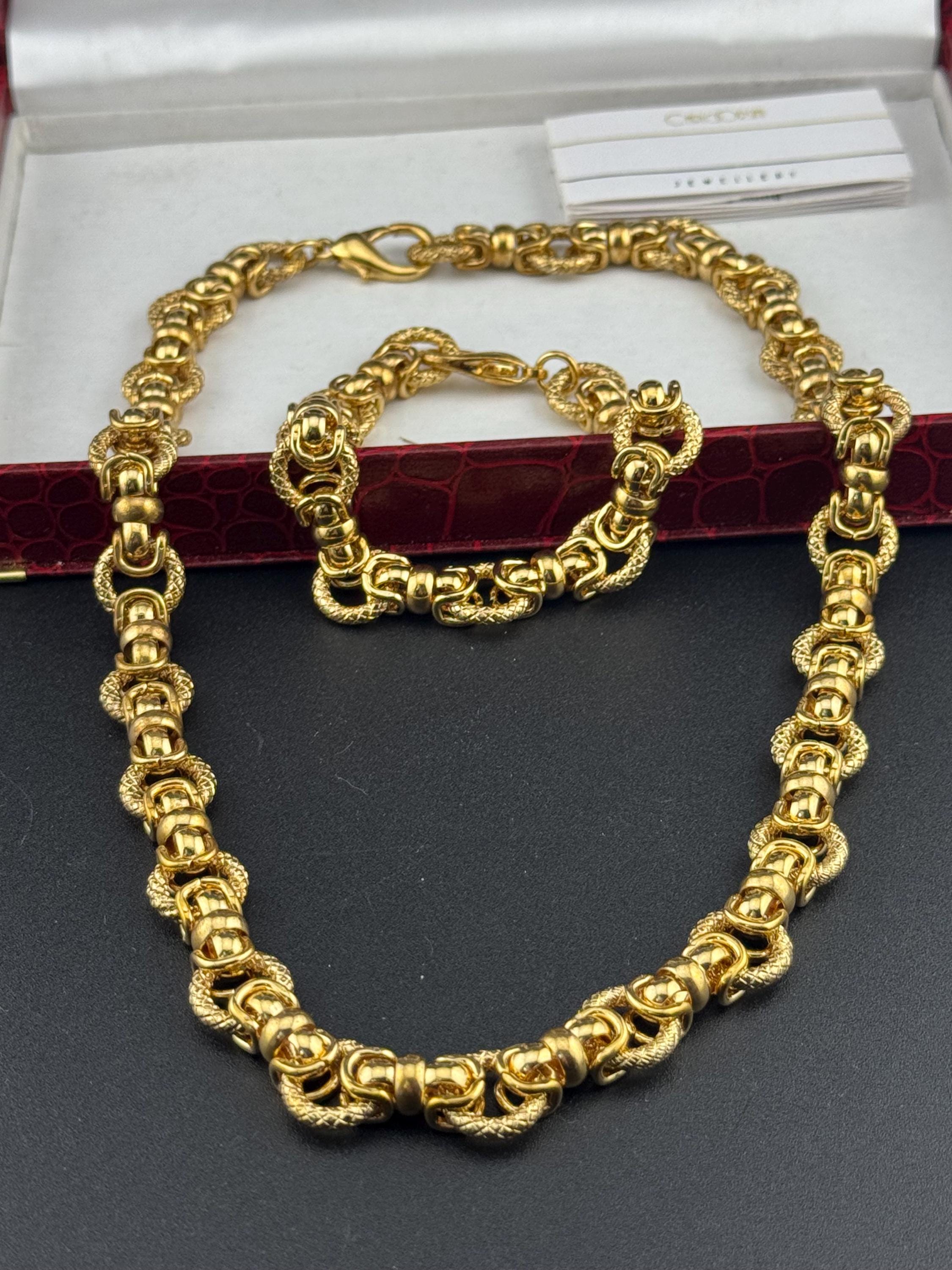Retro 1980s Carlo Orsini boxed gold plated  ornate fancy link chunky necklace and matching bracelet jewellery set