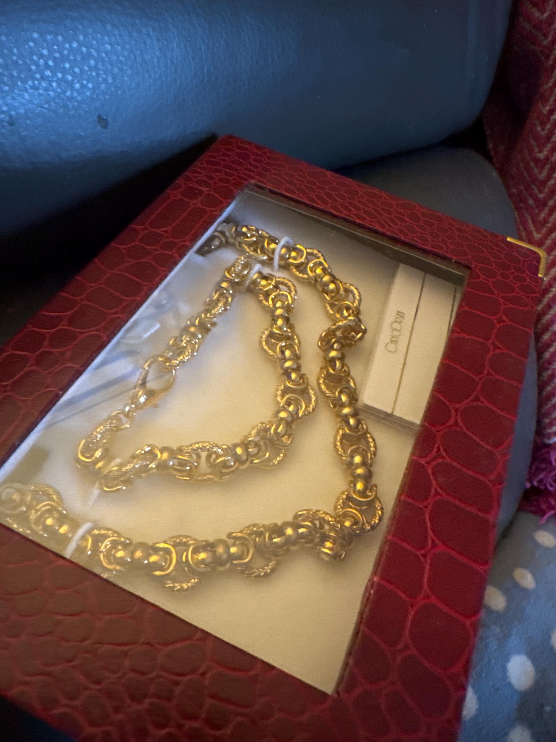 Retro 1980s Carlo Orsini boxed gold plated  ornate fancy link chunky necklace and matching bracelet jewellery set
