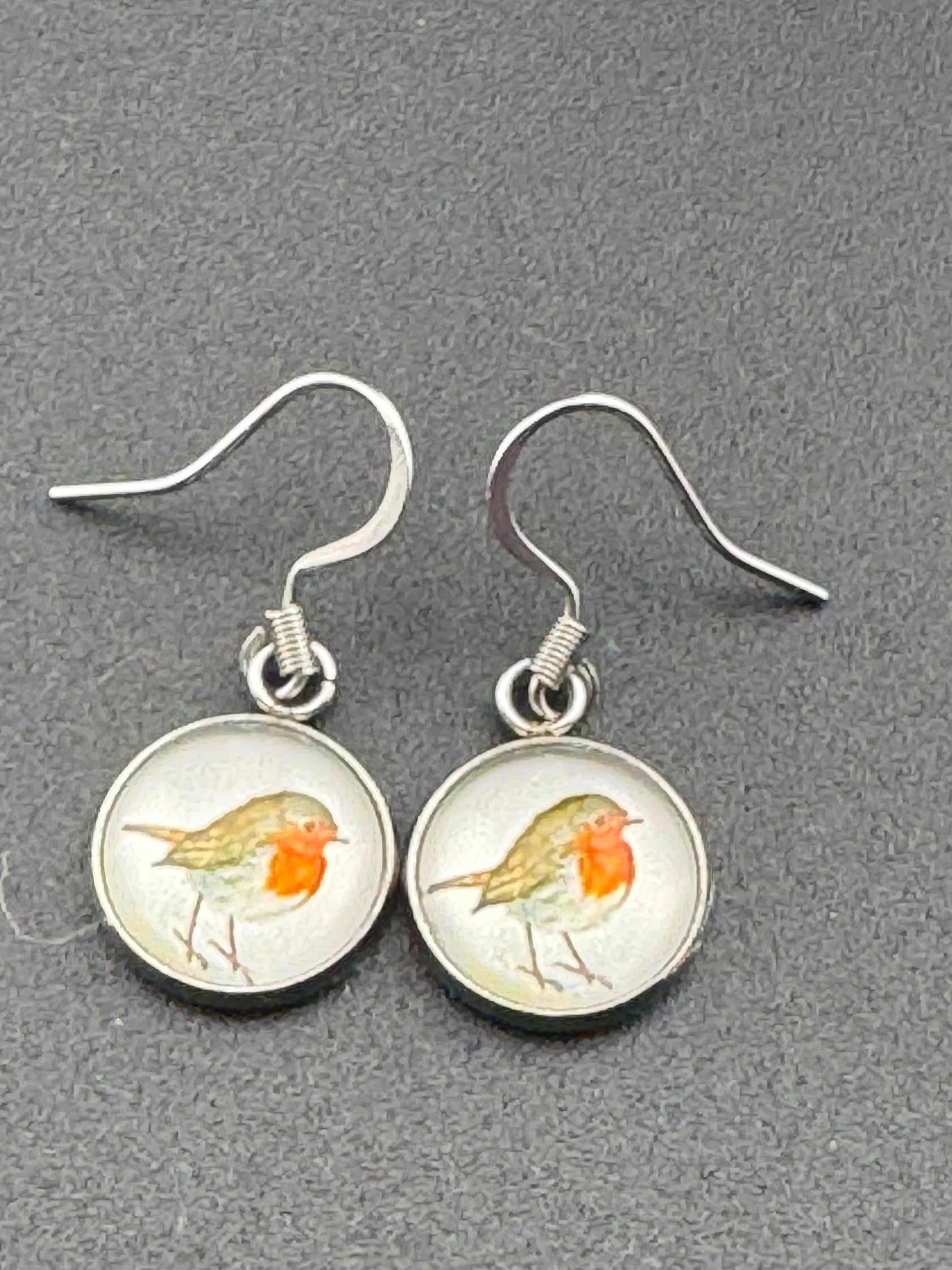 12mm Garden bird Robin redbreast stainless steel drop earrings silver