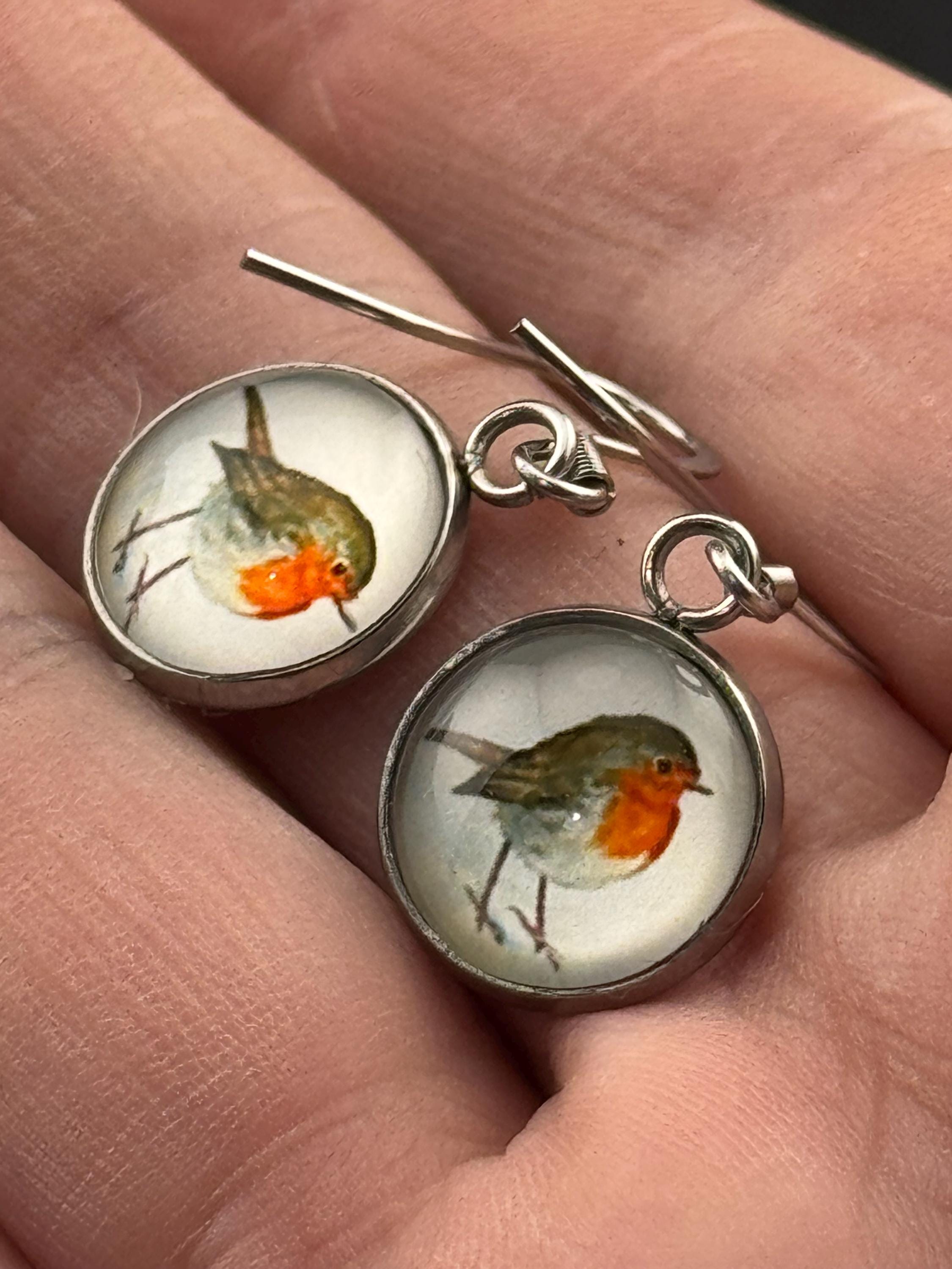 12mm Garden bird Robin redbreast stainless steel drop earrings silver