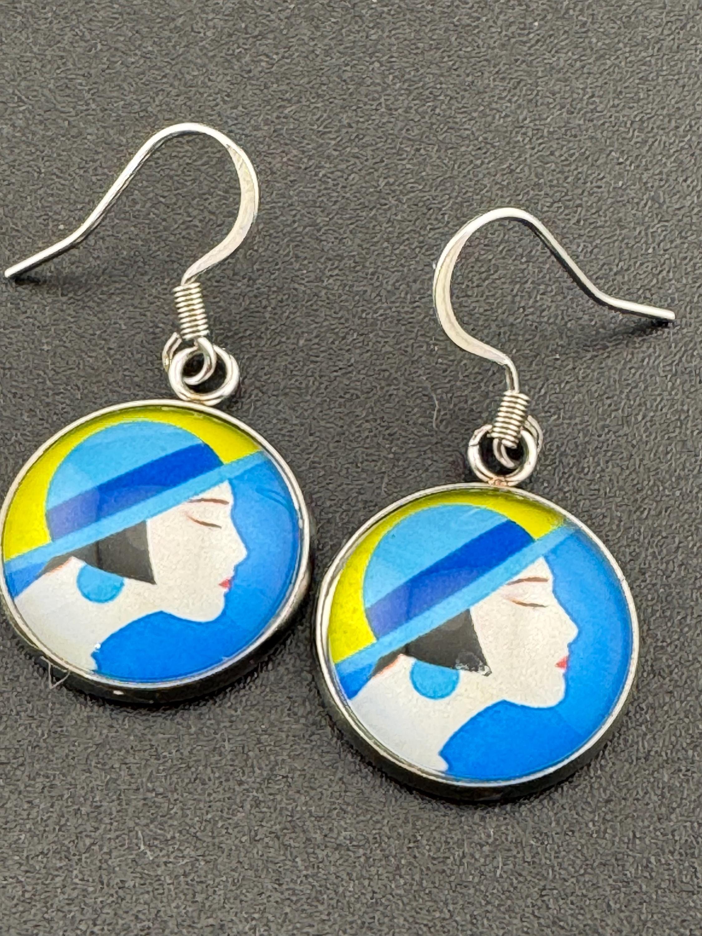 Art Deco lady blue yellow stainless steel no tarnish drop dangly earrings 16mm glass cabochons