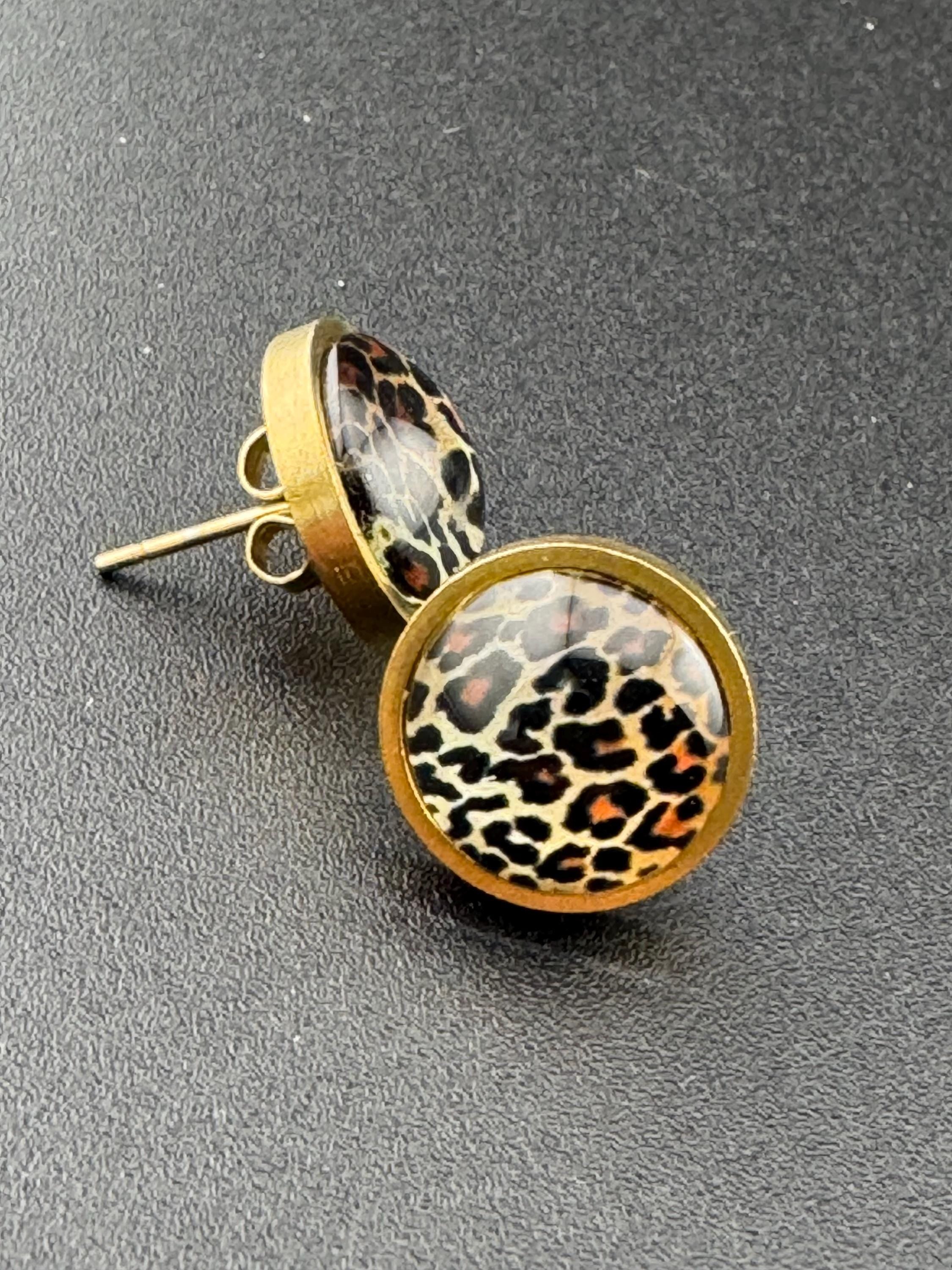 Leopard print studs 12mm glass cabochon stainless steel gold tone Brown pierced earrings