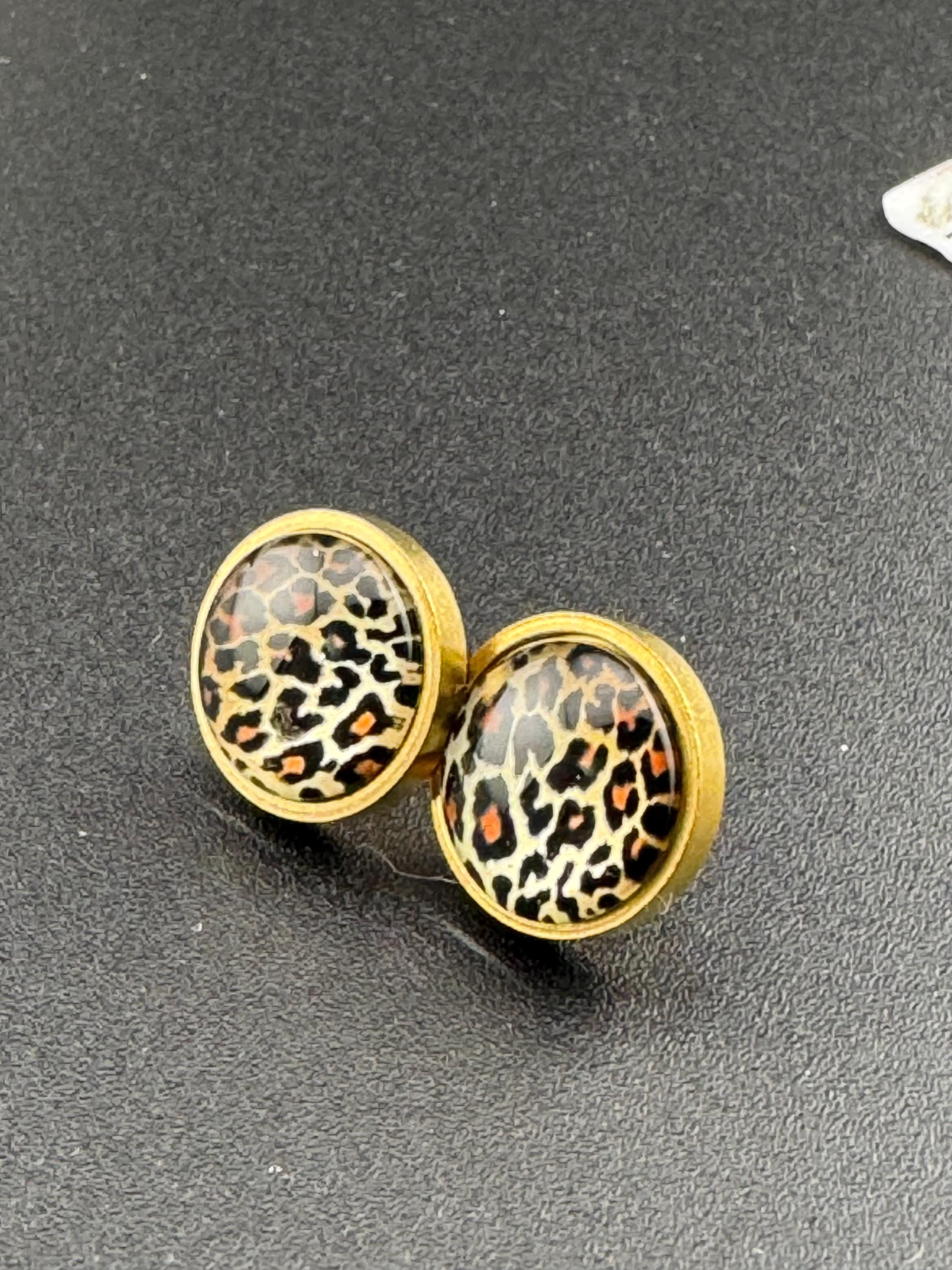 Leopard print studs 12mm glass cabochon stainless steel gold tone Brown pierced earrings