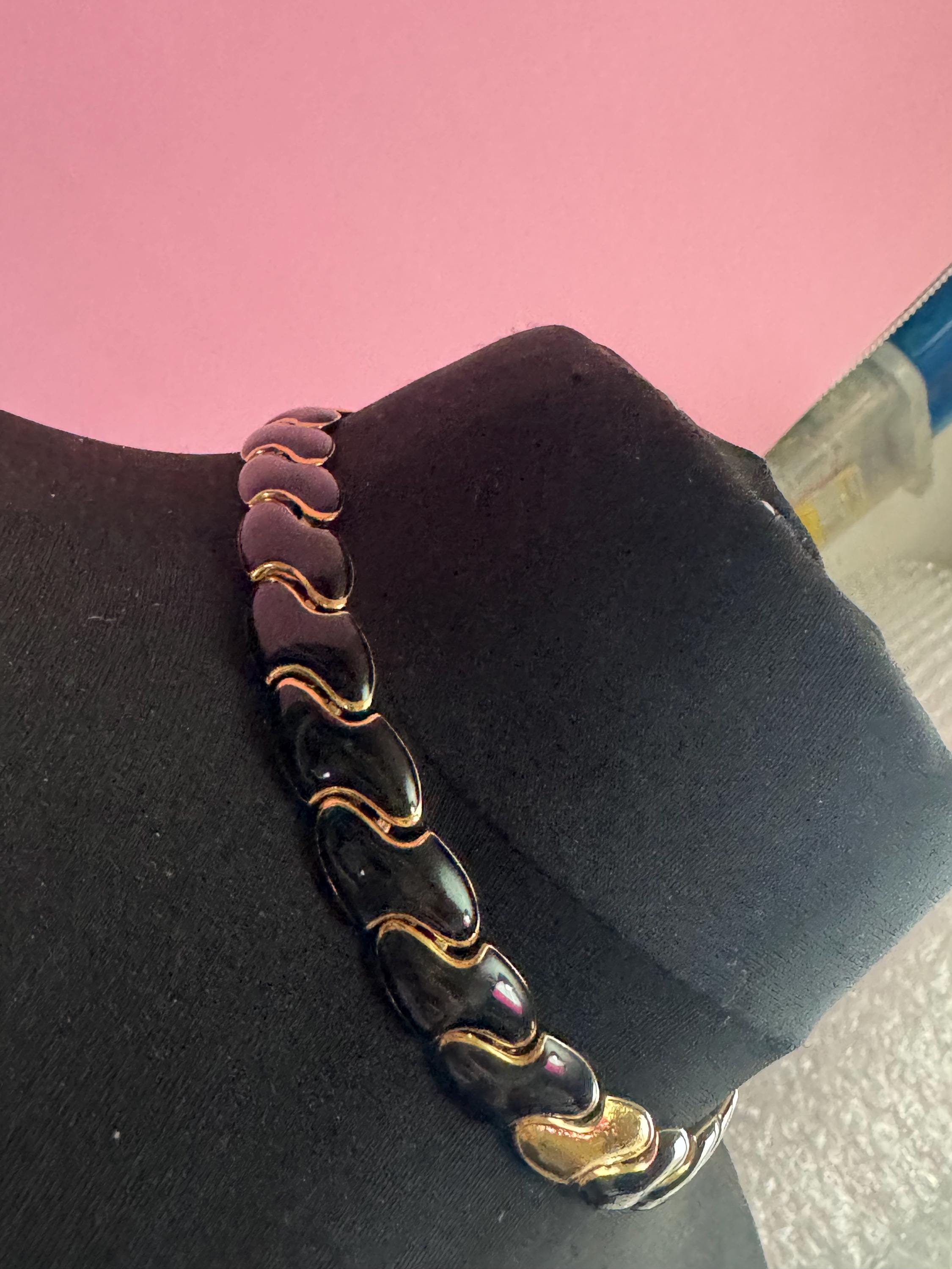 Retro gold tone and black enamel wide Chunky panel link necklace 43cm weighty