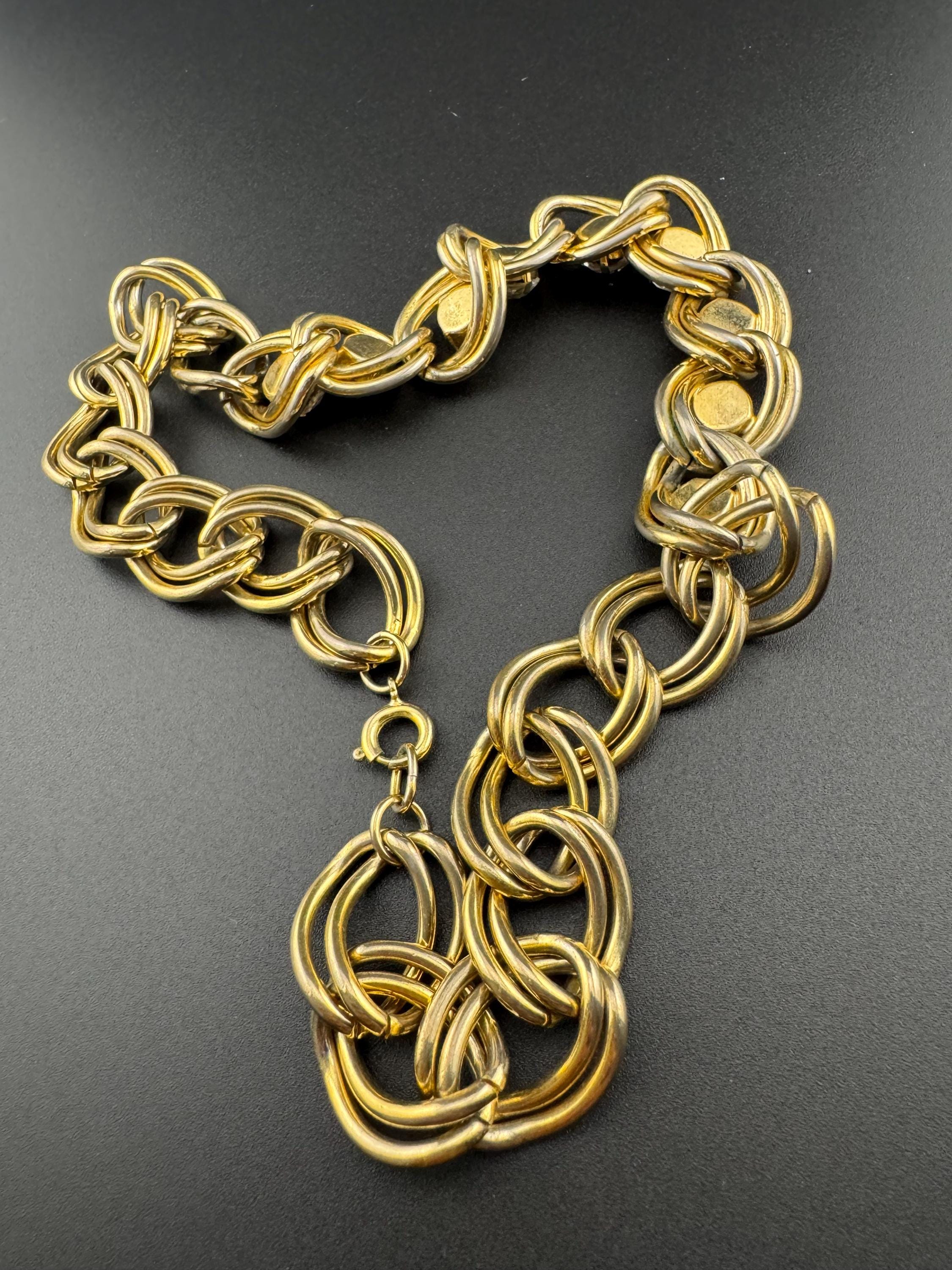 Vintage Gold tone modernist heavy curb chain link gold necklace with clear paste diamanté 46cm