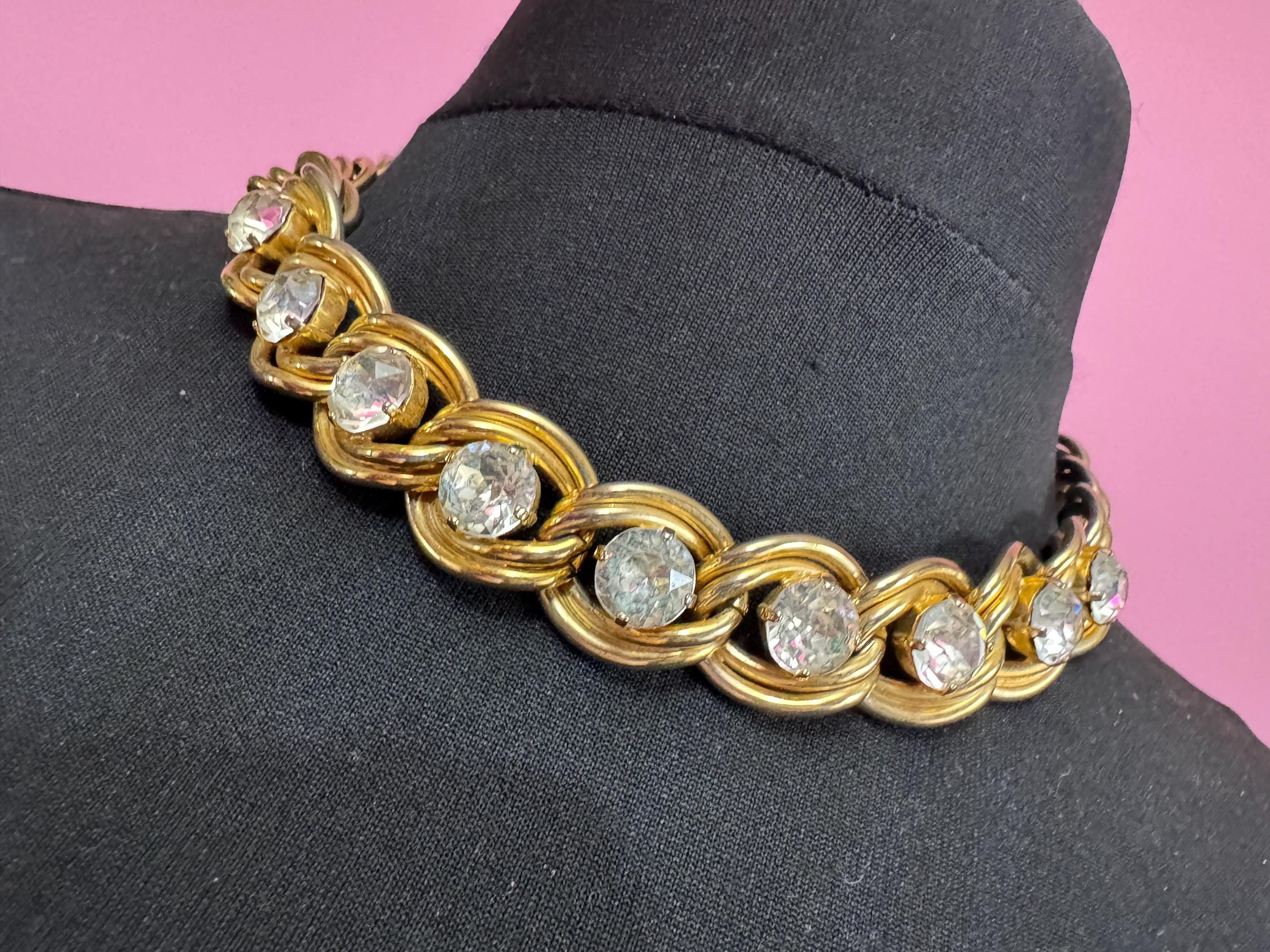 Vintage Gold tone modernist heavy curb chain link gold necklace with clear paste diamanté 46cm