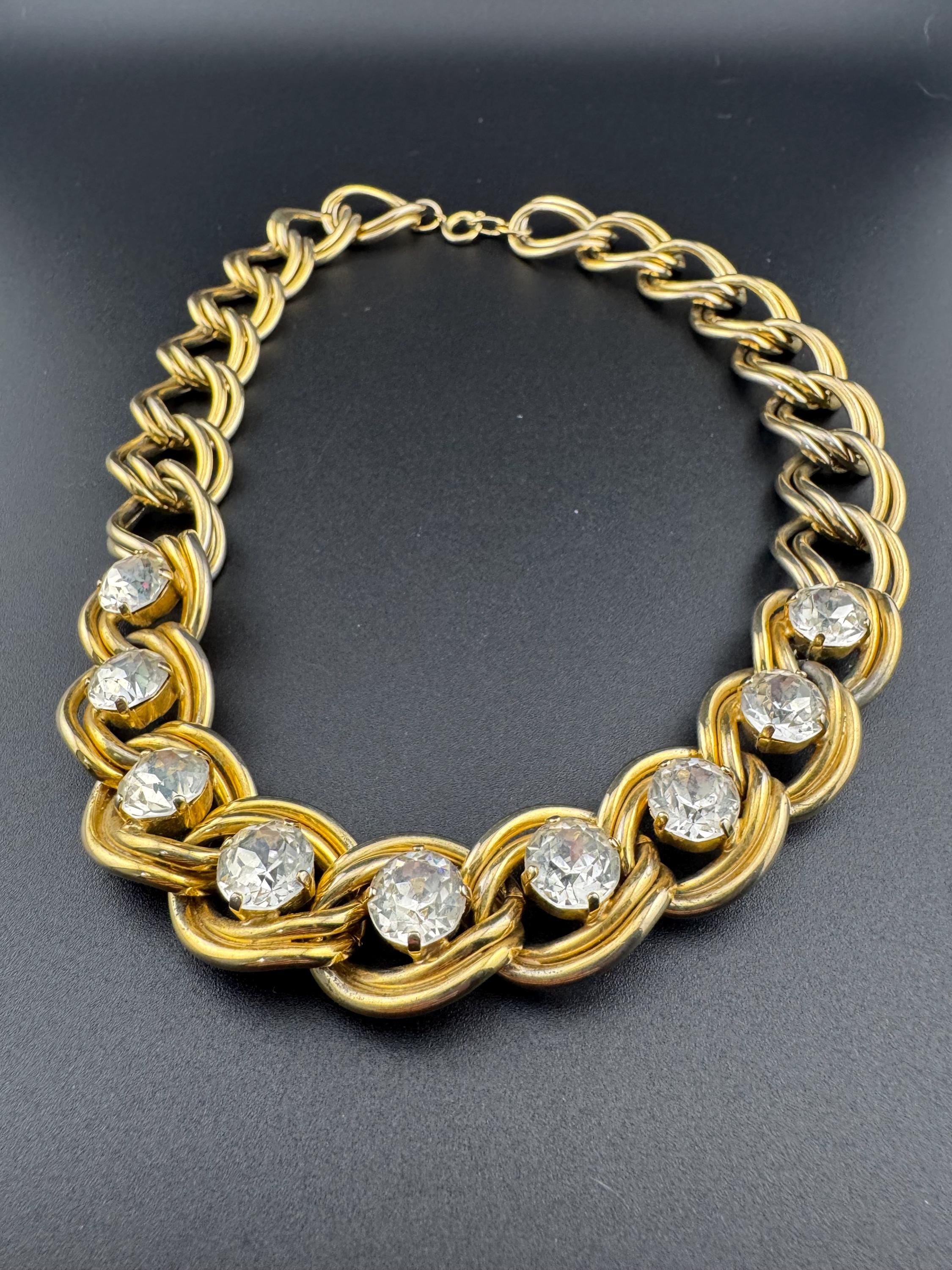 Vintage Gold tone modernist heavy curb chain link gold necklace with clear paste diamanté 46cm