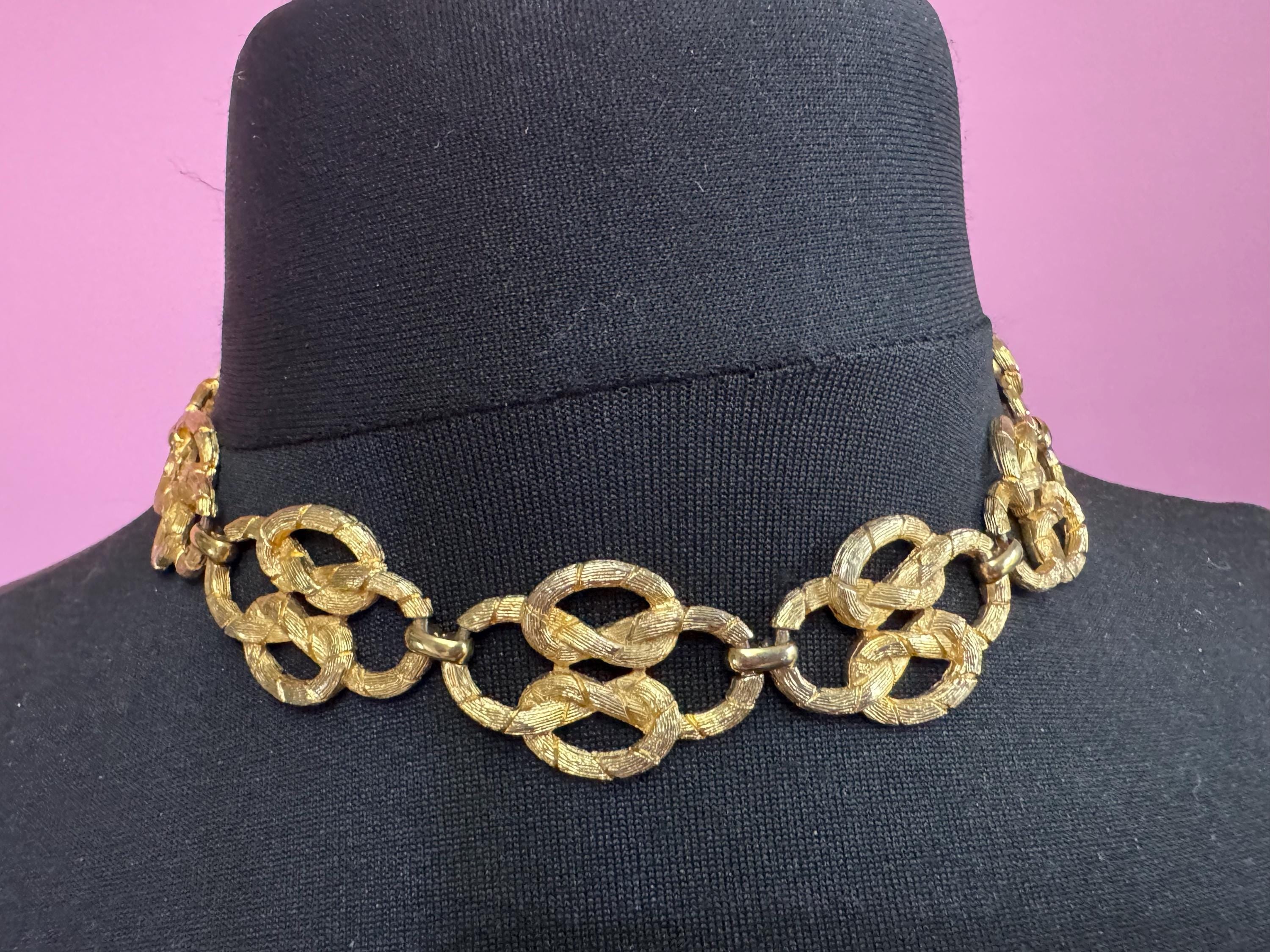 Retro yellow gold tone chunky panel link choker to collar necklace 39cm to 44cm