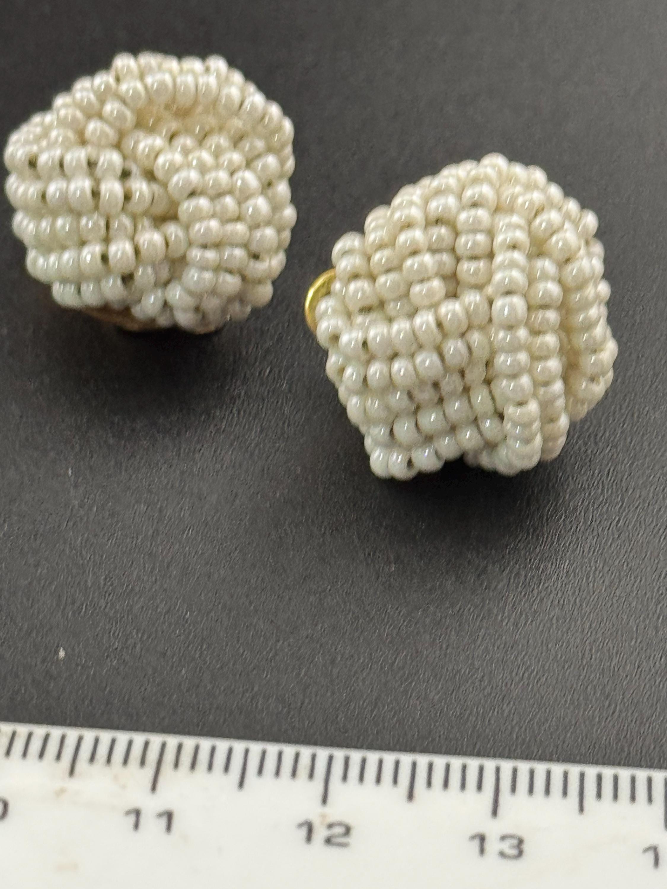 Vintage cream glass seed beaded KNOT Cluster turban earrings studs clip on  Earrings