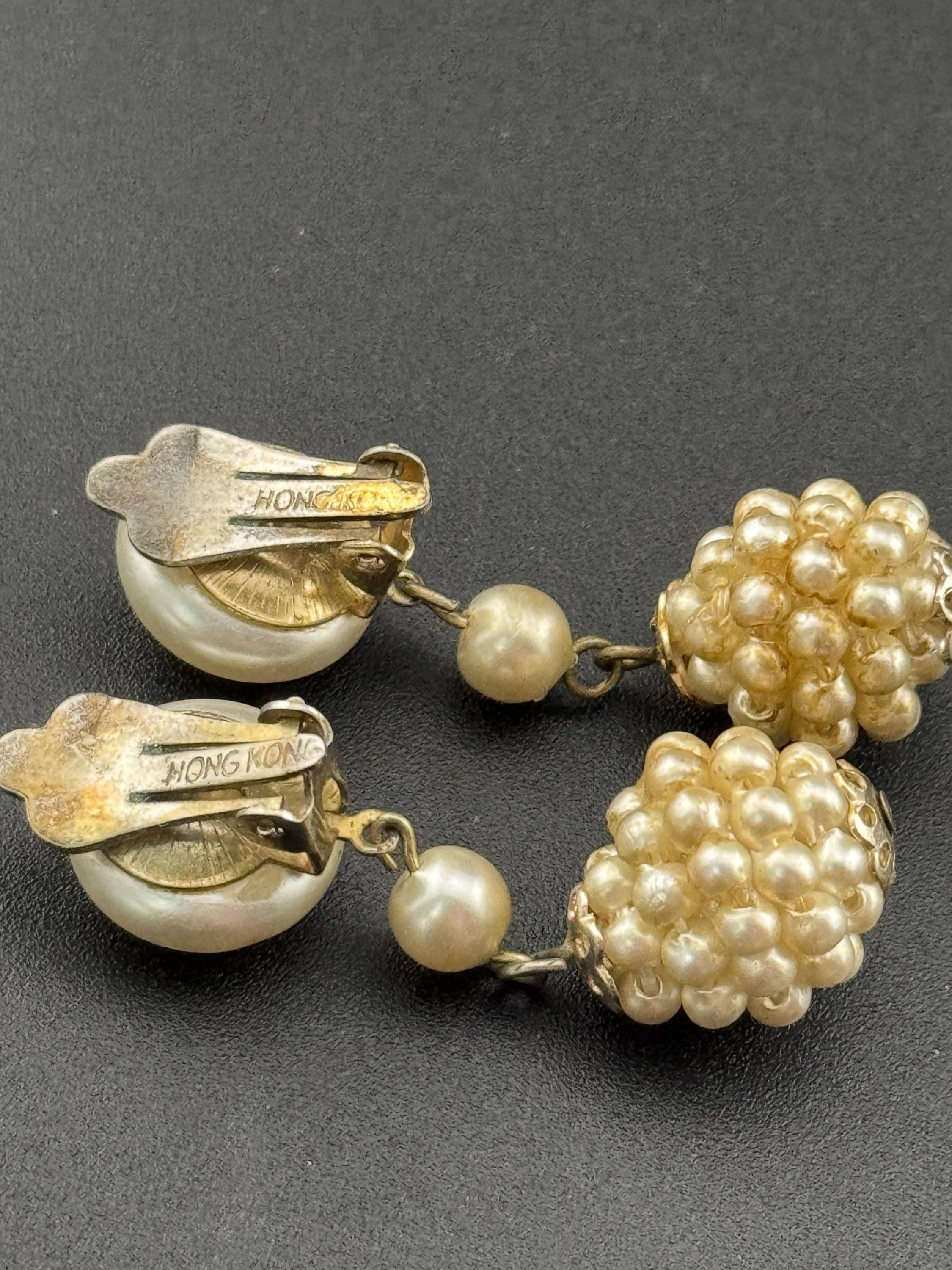Signed HONG KONG Vintage cream faux pearl plastic beaded Cluster Clip On drop Earrings