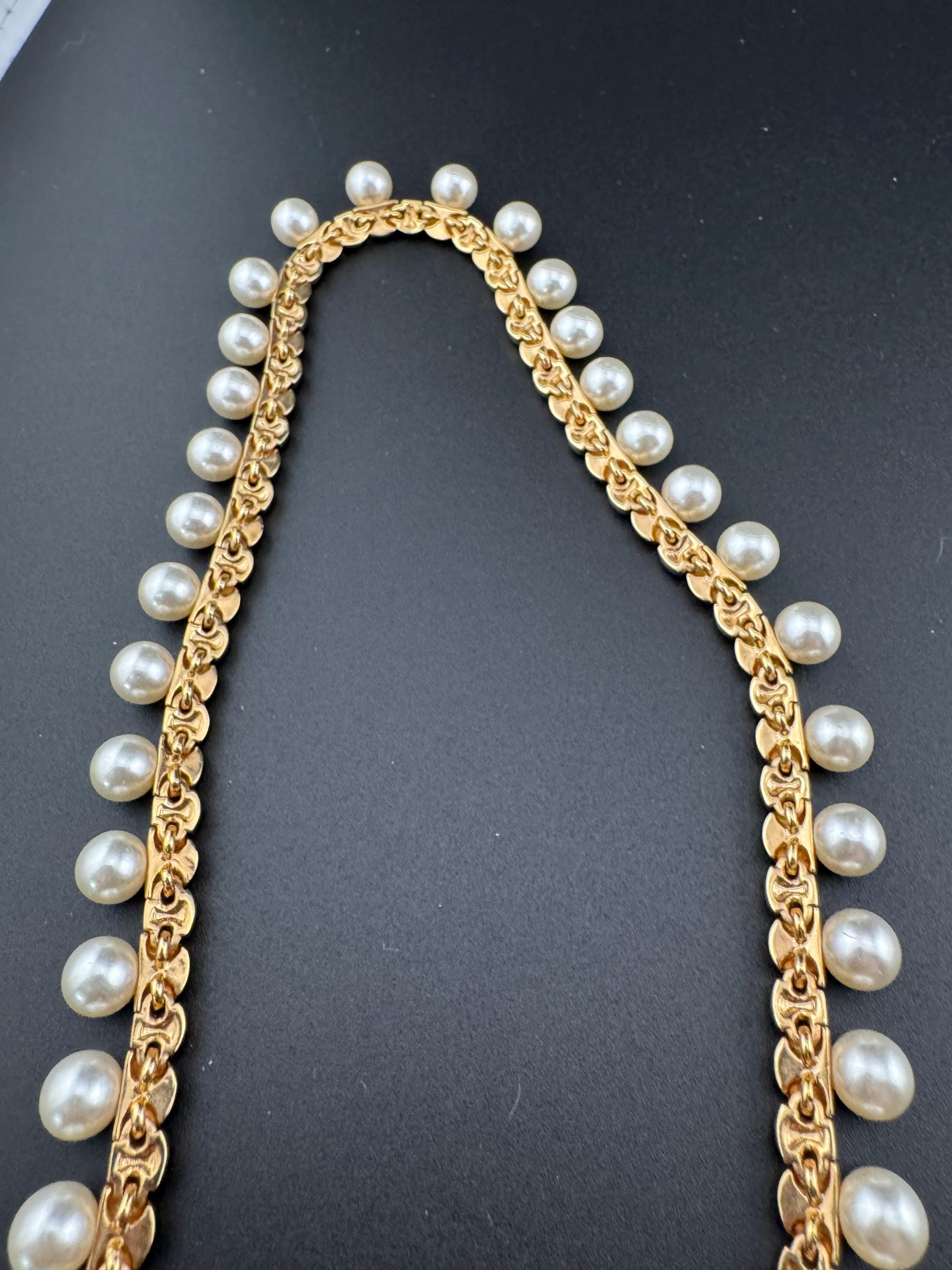 Vintage high end cream glass faux pearl wide choker necklace with gold tone diamanté