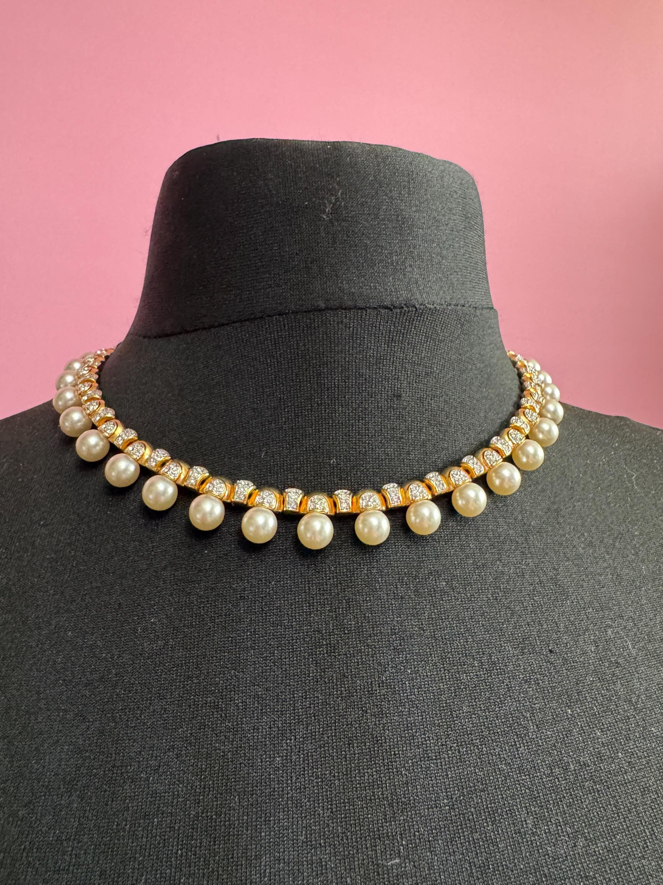Vintage high end cream glass faux pearl wide choker necklace with gold tone diamanté