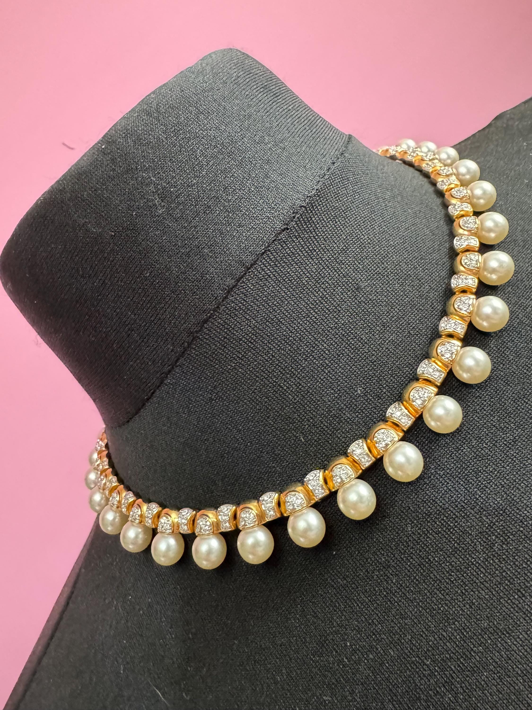 Vintage high end cream glass faux pearl wide choker necklace with gold tone diamanté