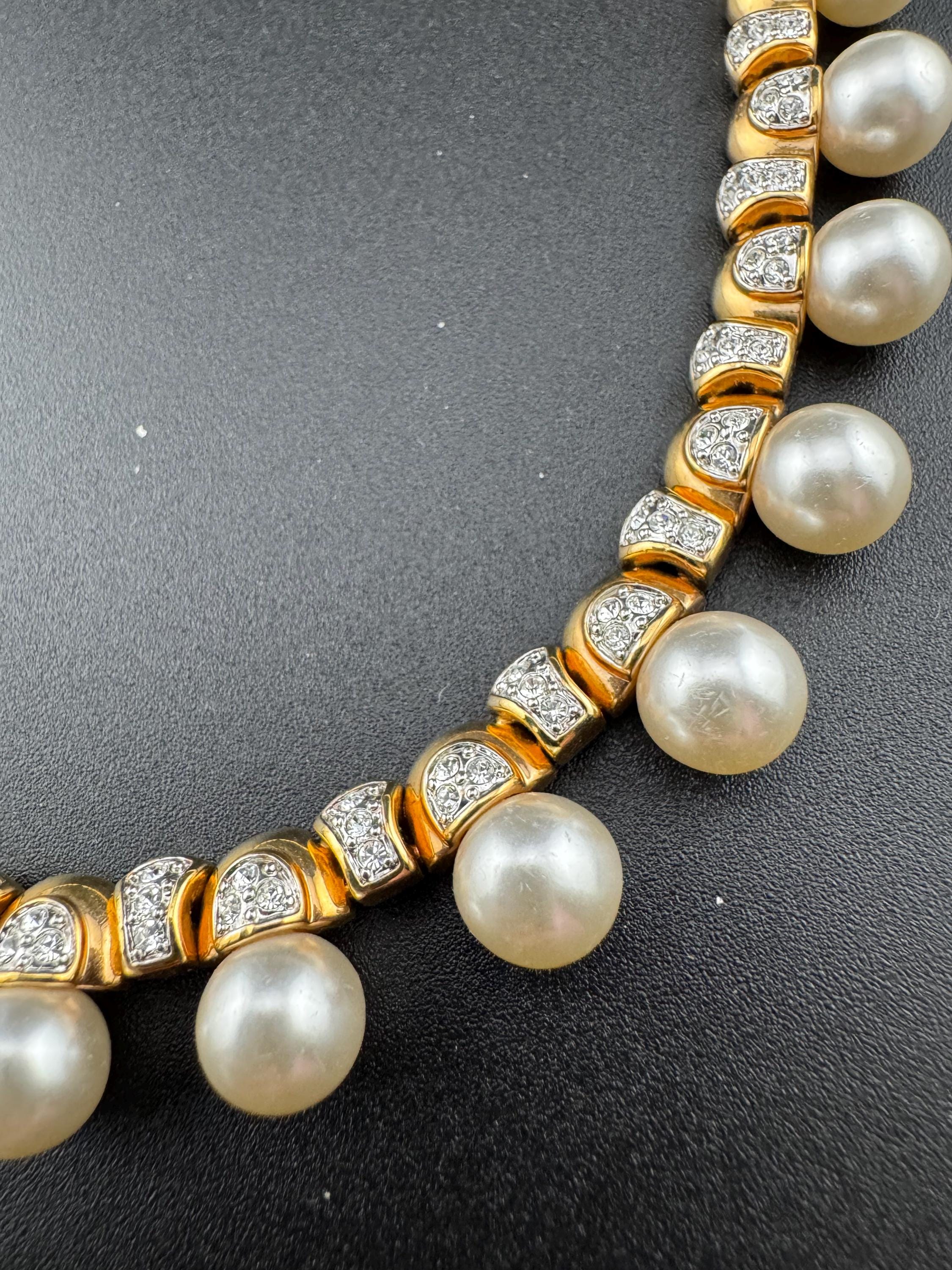 Vintage high end cream glass faux pearl wide choker necklace with gold tone diamanté