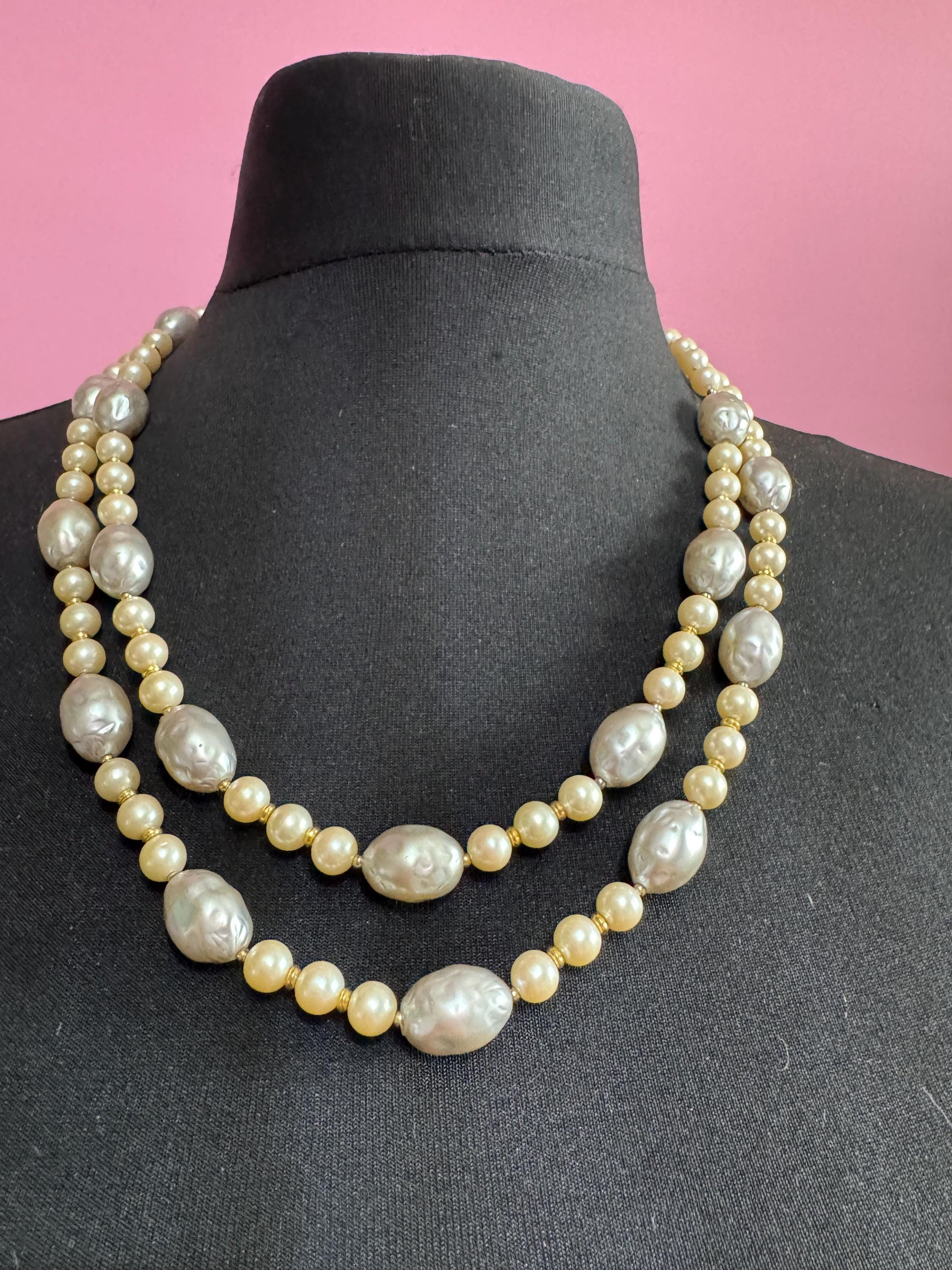 Vintage Knotted Glass Pearl Long Necklace: Grey & Cream, 135cm