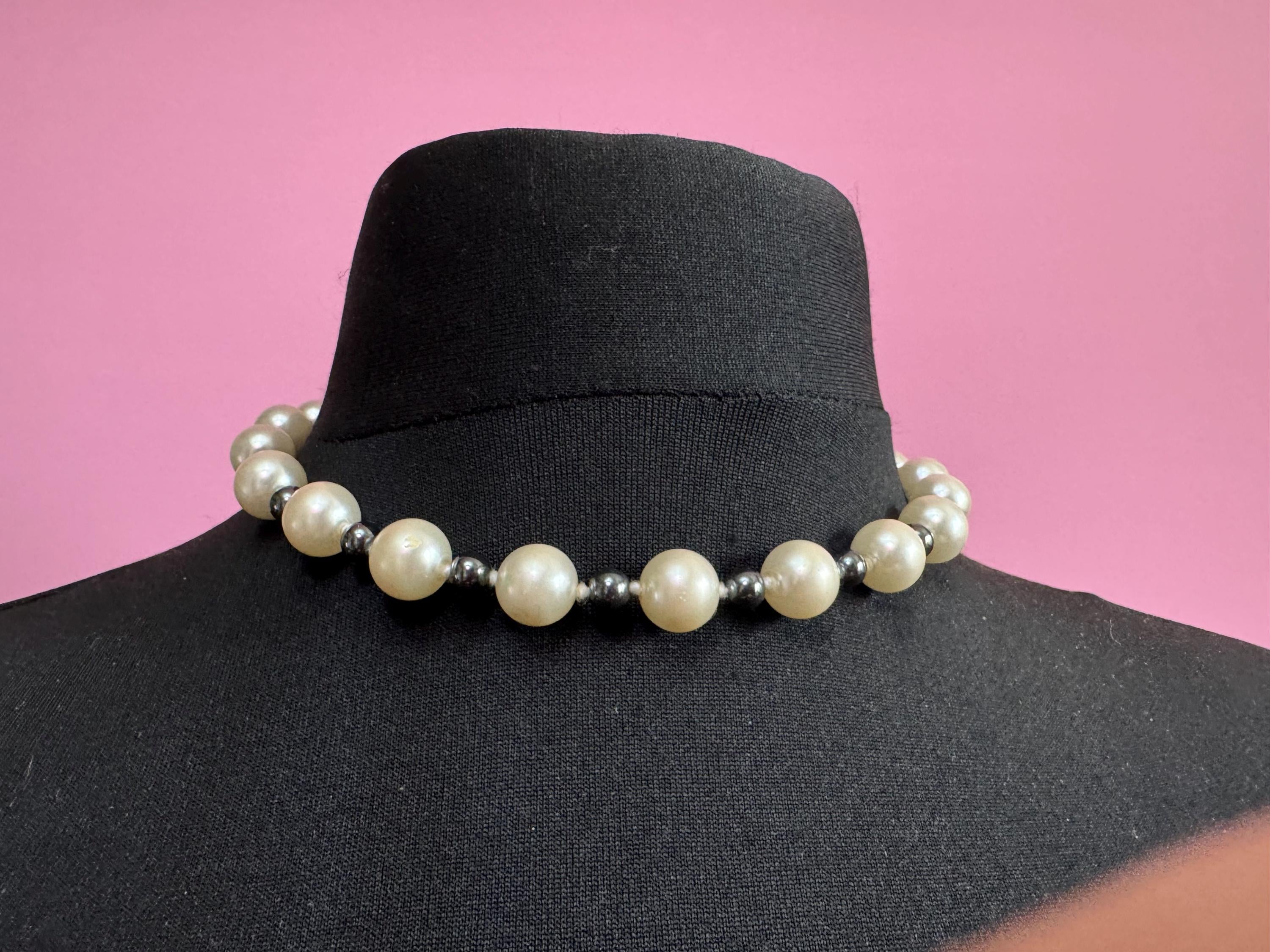 Vintage Glass Pearl Collar Necklace - Grey and Cream, 44cm