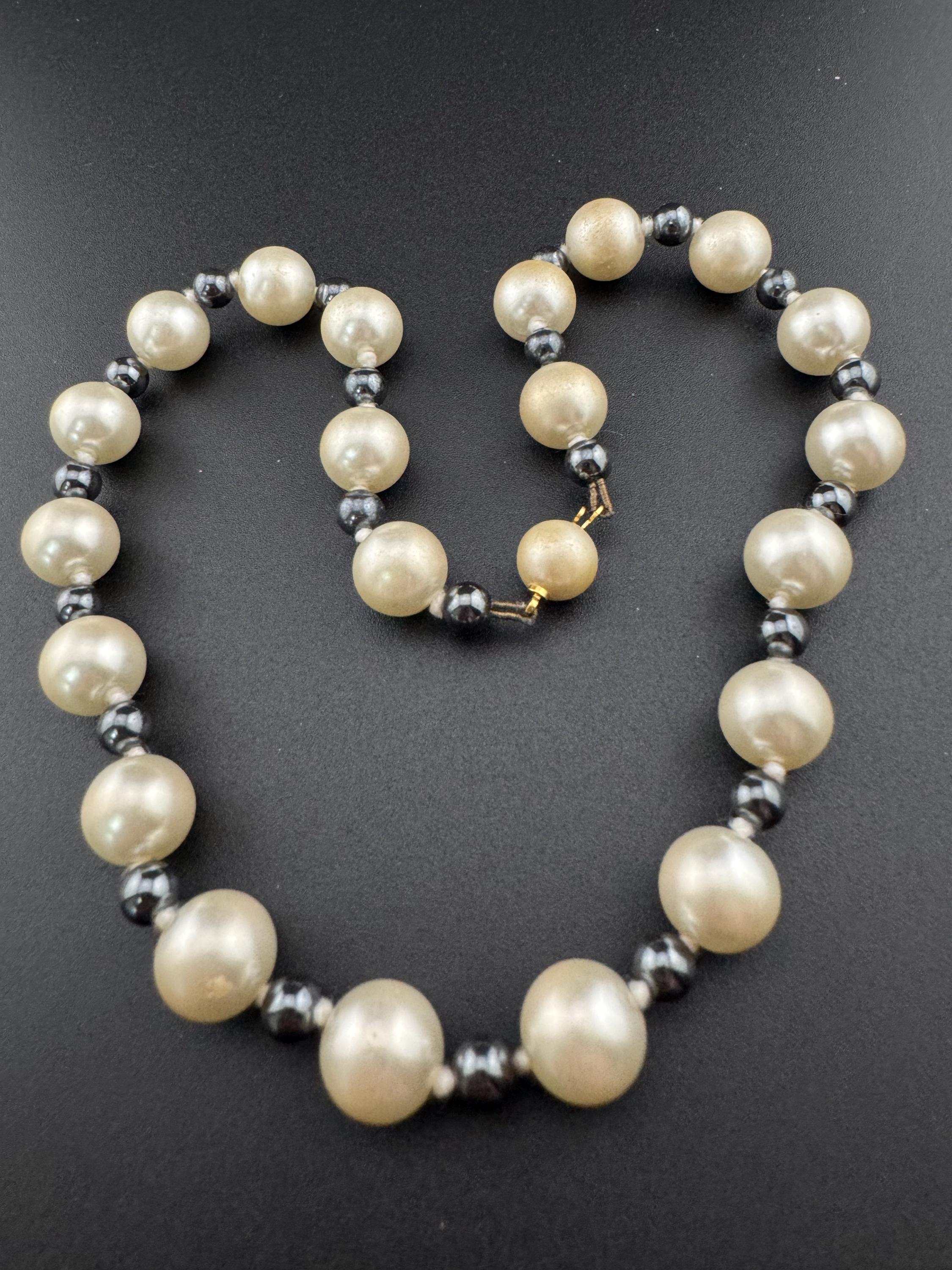 Vintage Glass Pearl Collar Necklace - Grey and Cream, 44cm