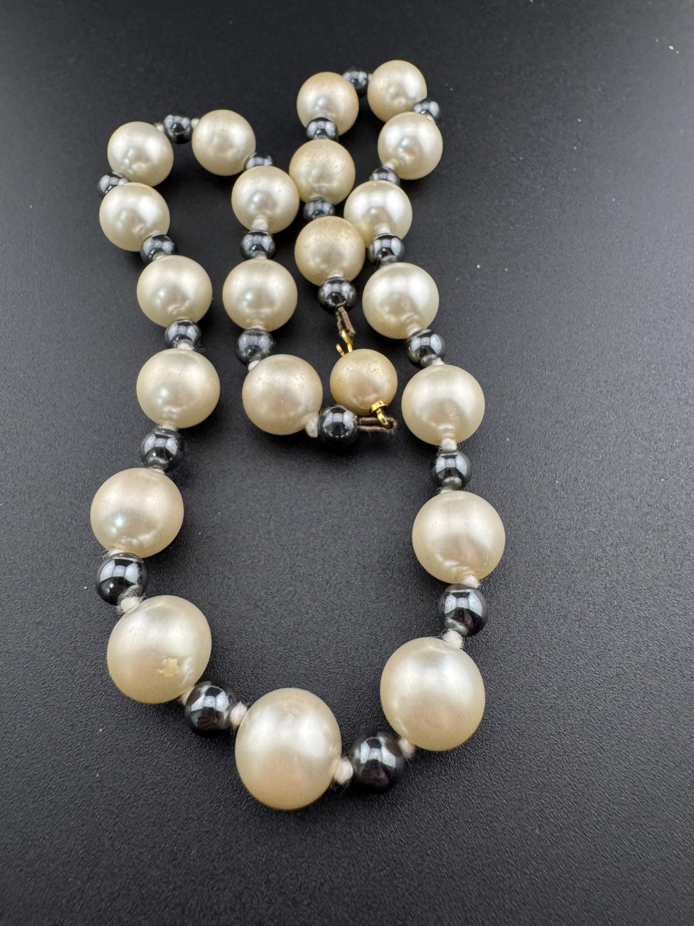 Vintage Glass Pearl Collar Necklace - Grey and Cream, 44cm