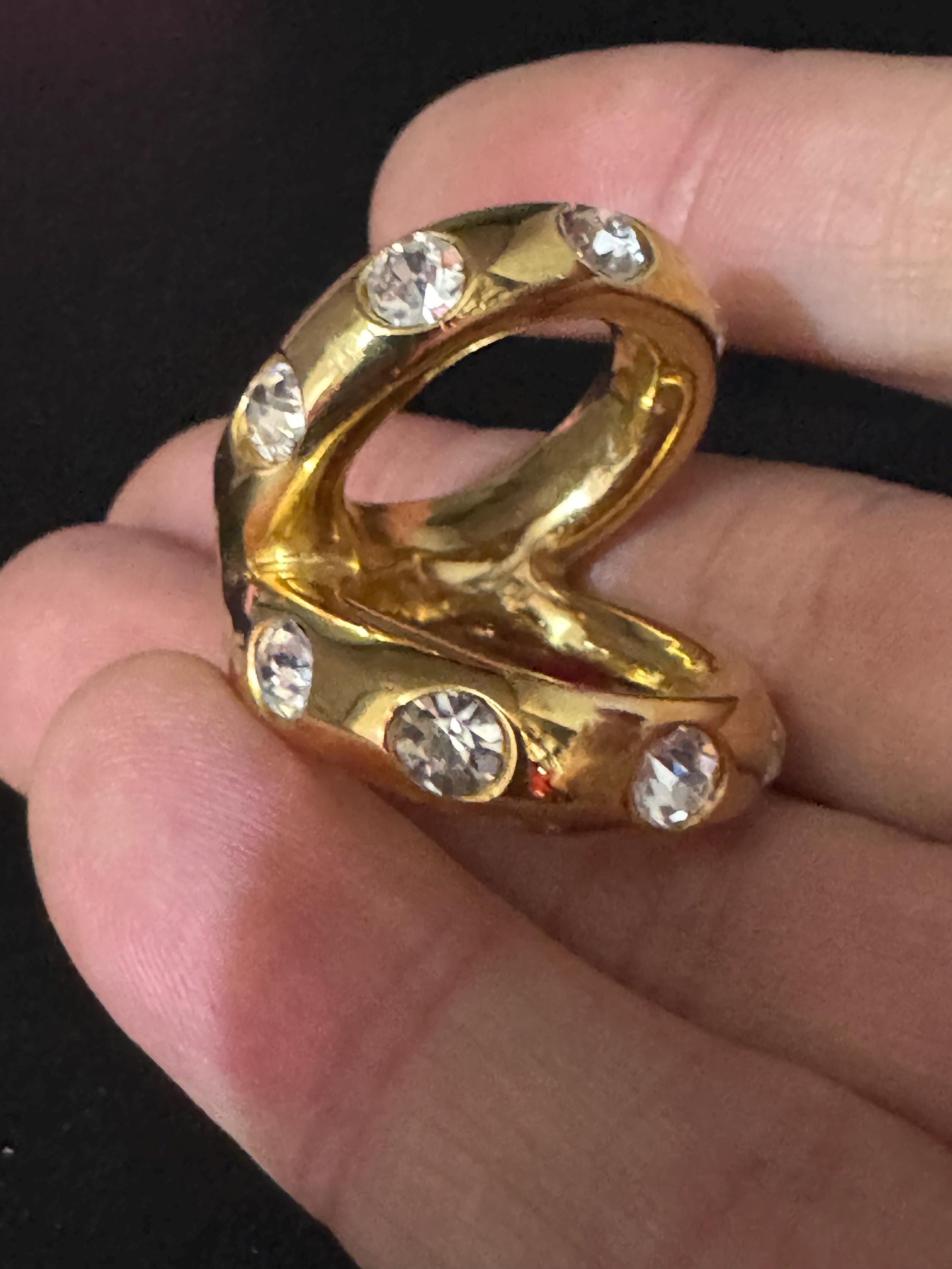 Designer MALKA PARIS M. DEP Made in France Gold Plated Clear Rhinestone Silk Scarf Ring
