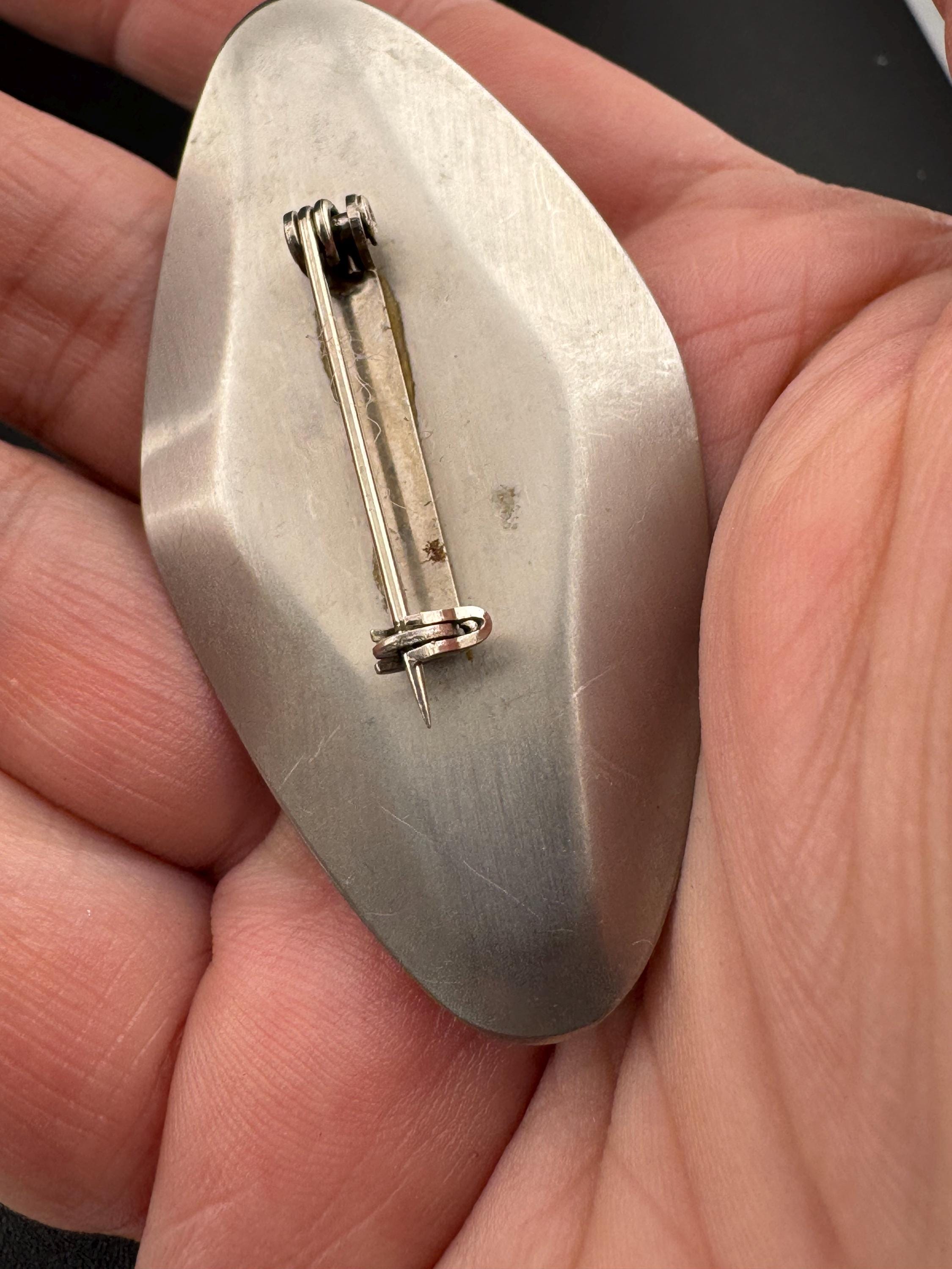 Modernist stainless steel abalone pearl shell 1970s brooch silver metal