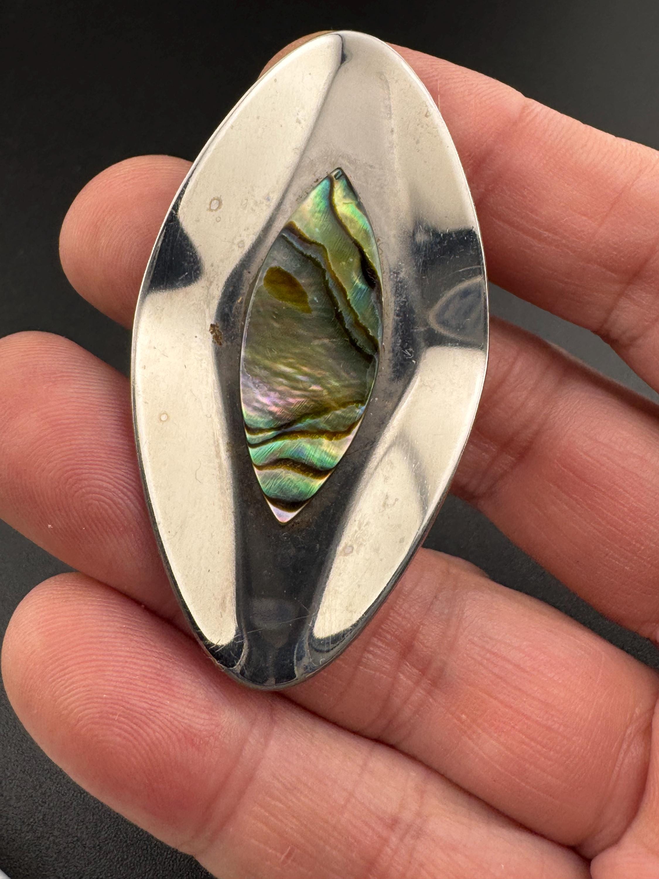 Modernist stainless steel abalone pearl shell 1970s brooch silver metal