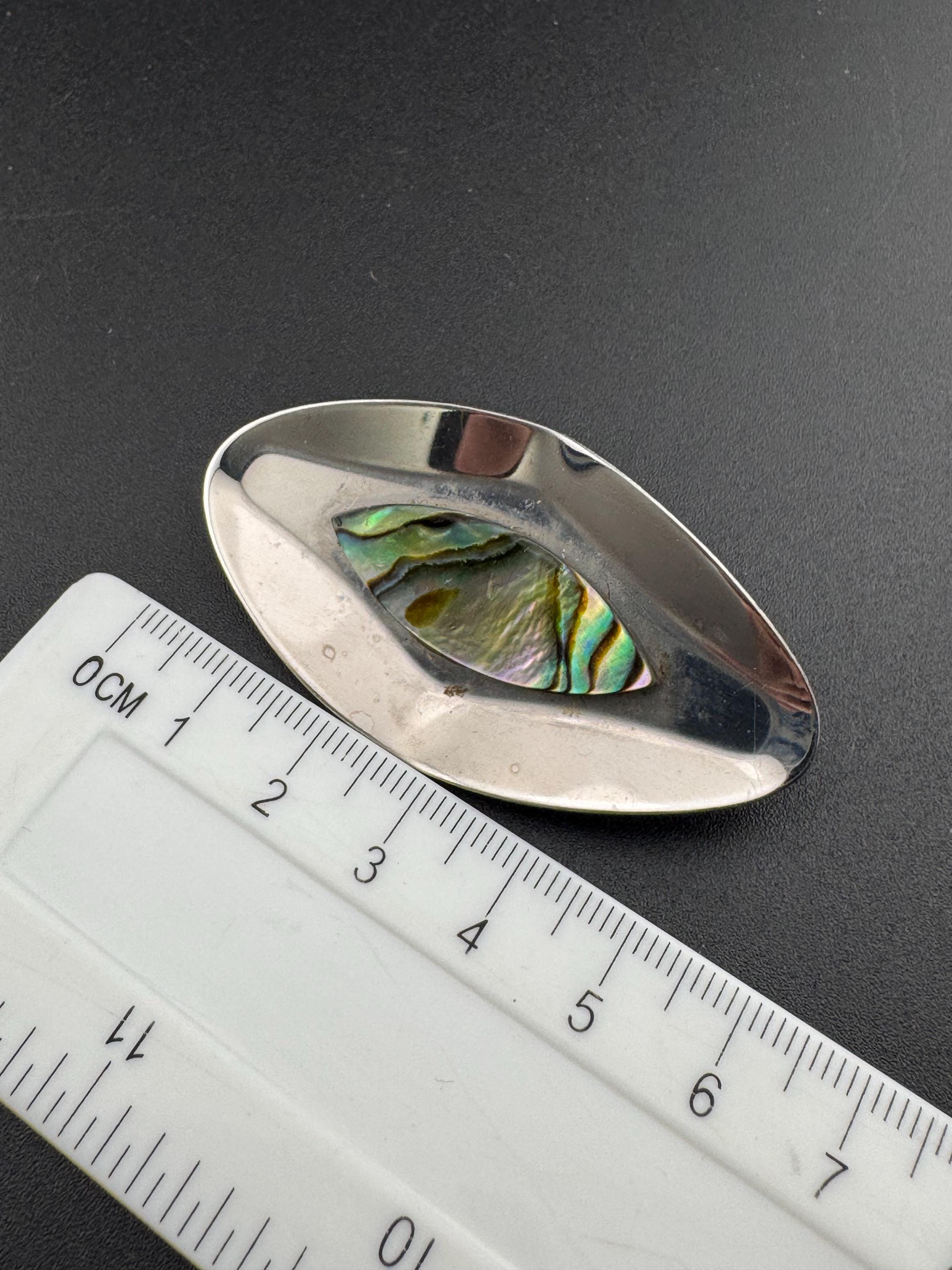 Modernist stainless steel abalone pearl shell 1970s brooch silver metal