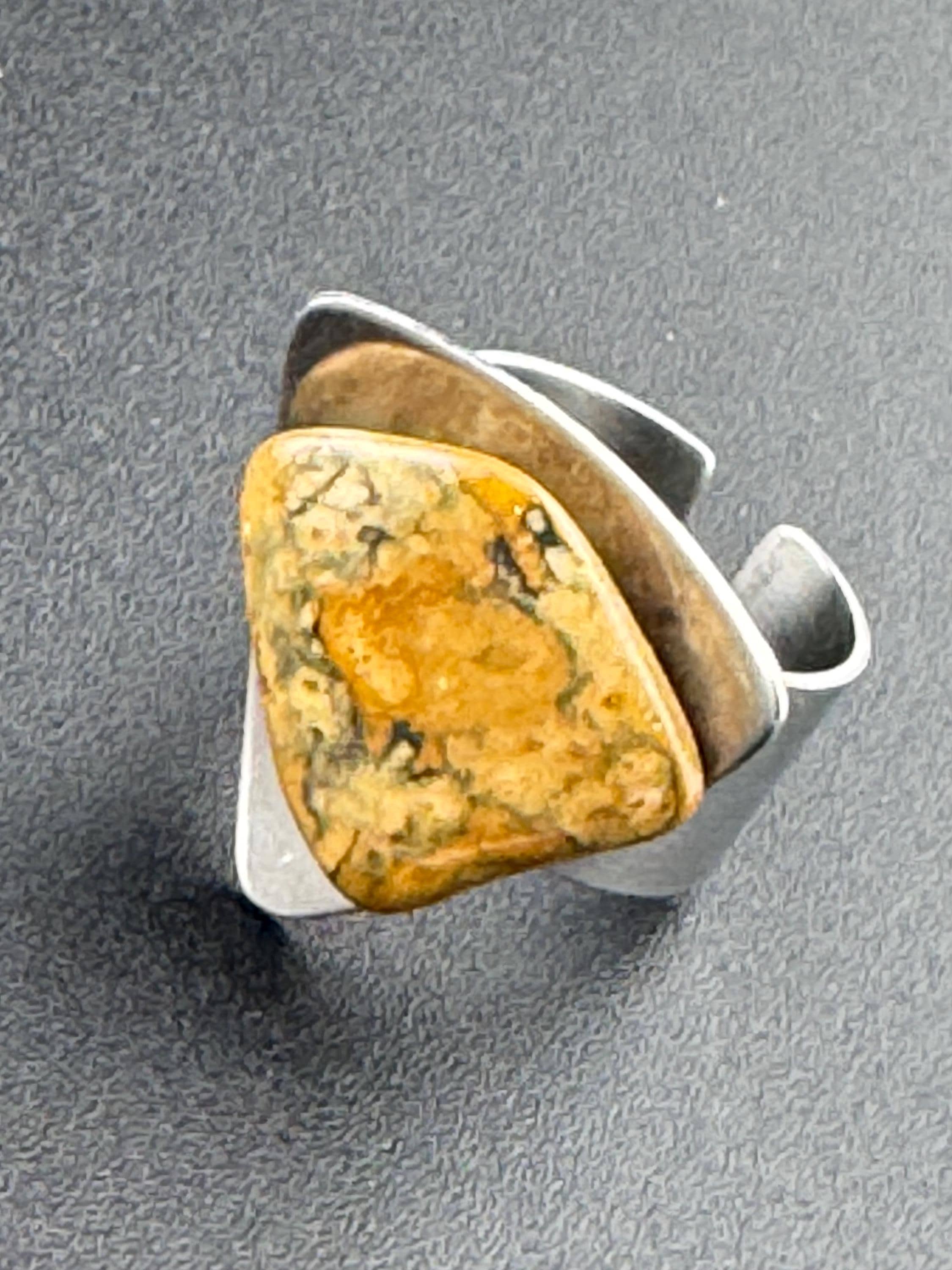 1970s vintage modernist stainless steel brown gemstone adjustable ring