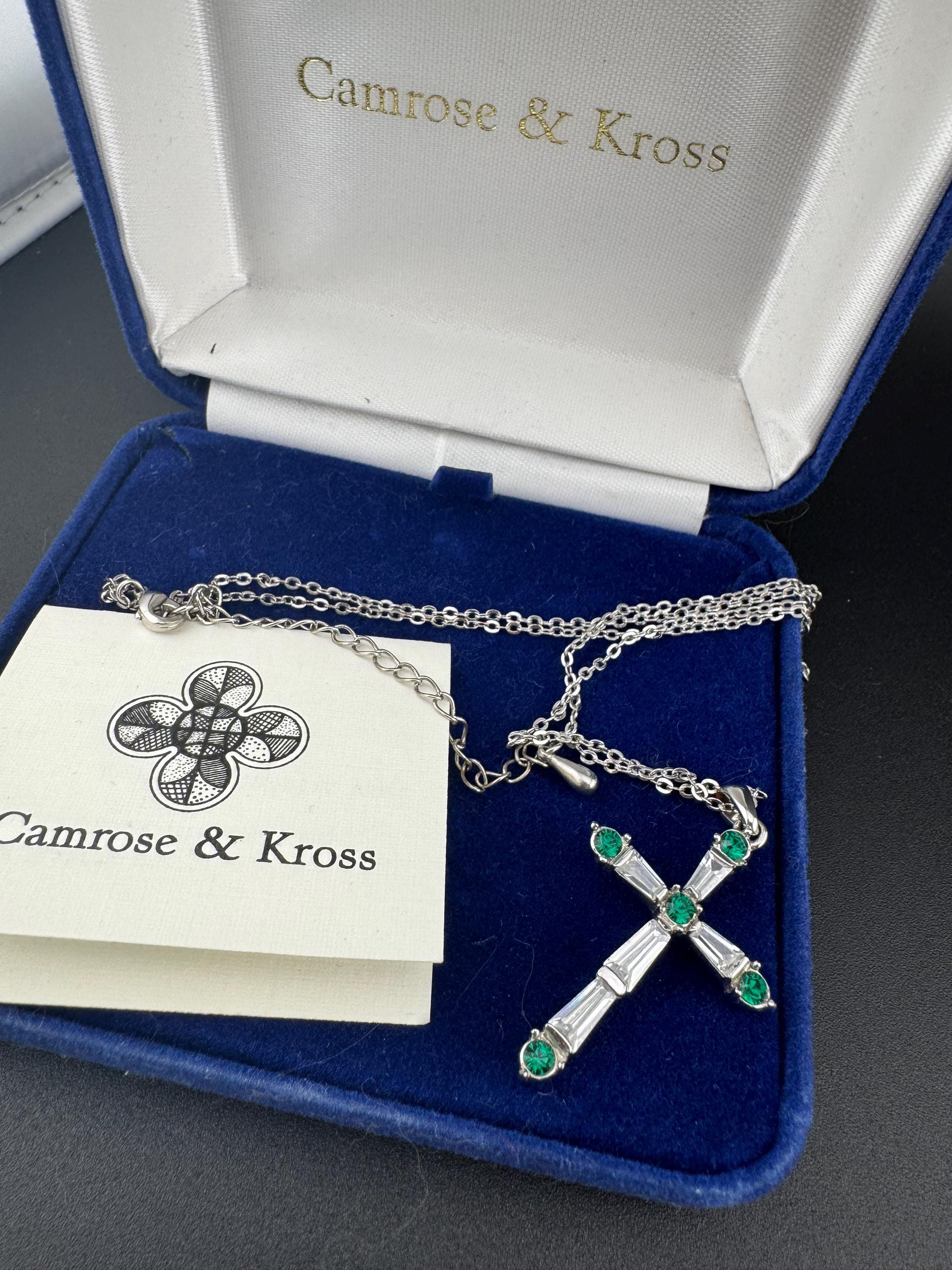 Vintage signed JBK Camrose and Kross silver plated emerald green and clear crystal cross pendant on a 50cm chain