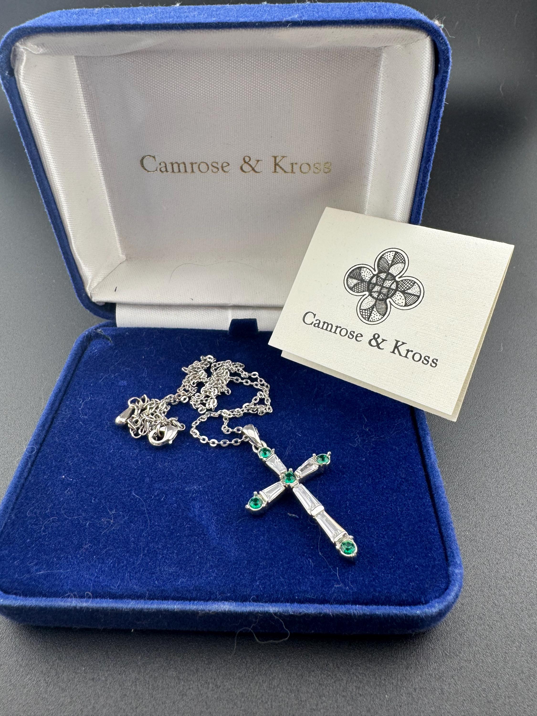 Vintage signed JBK Camrose and Kross silver plated emerald green and clear crystal cross pendant on a 50cm chain