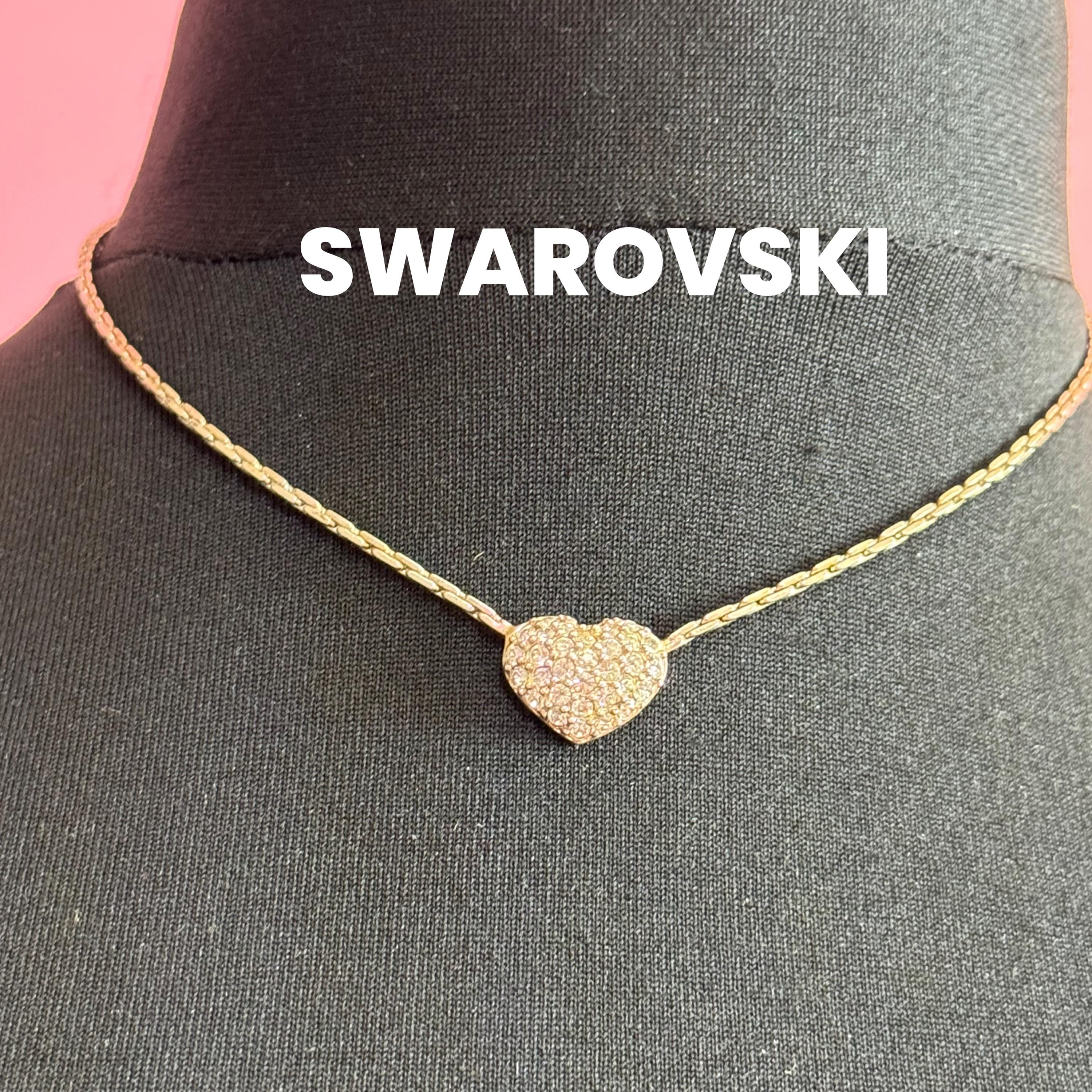 As found Signed Swarovski silver tone clear crystal diamanté heart drop necklace